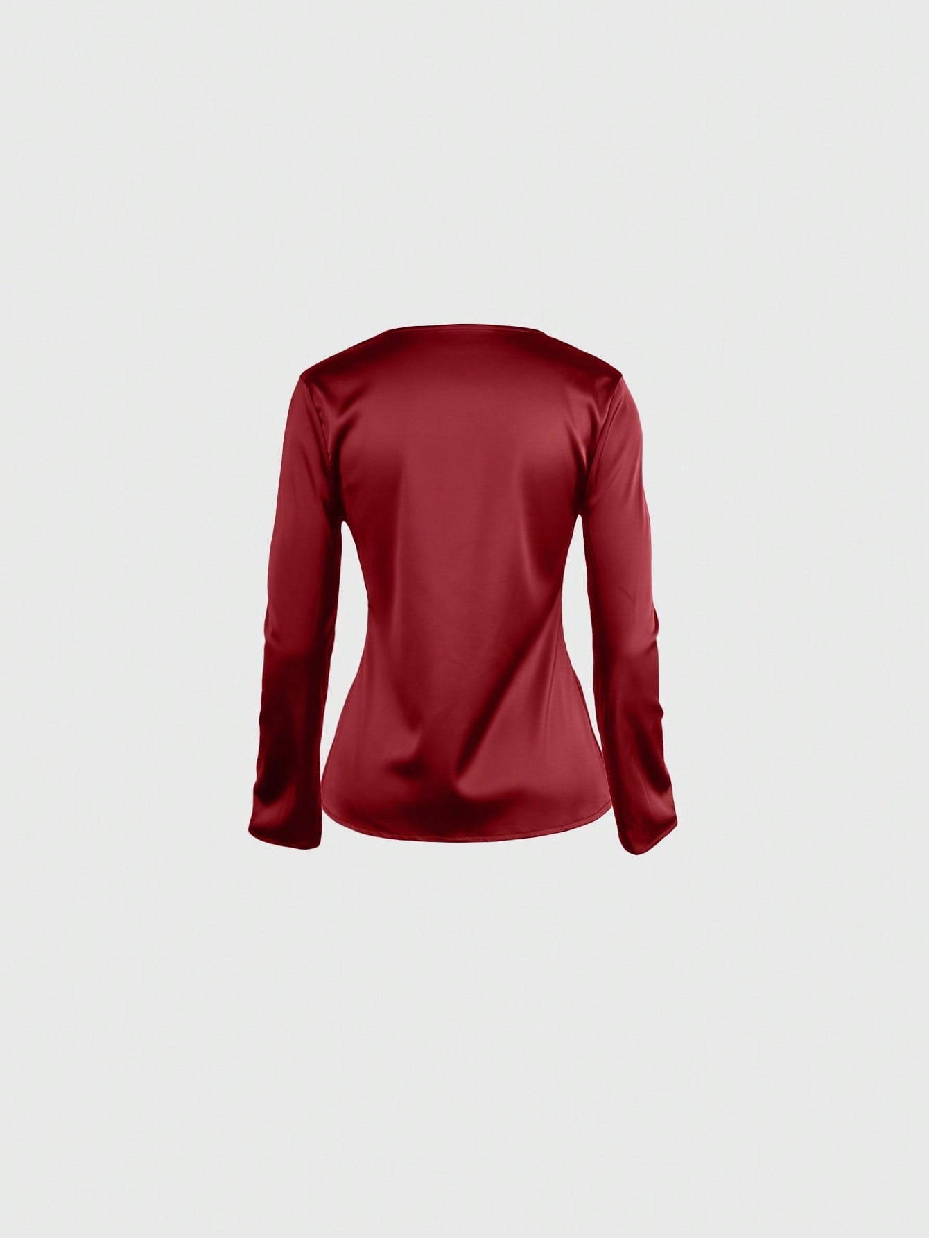 Women's Women Wine Red Satin Long Sleeve Tie Front V Neck Blouse
