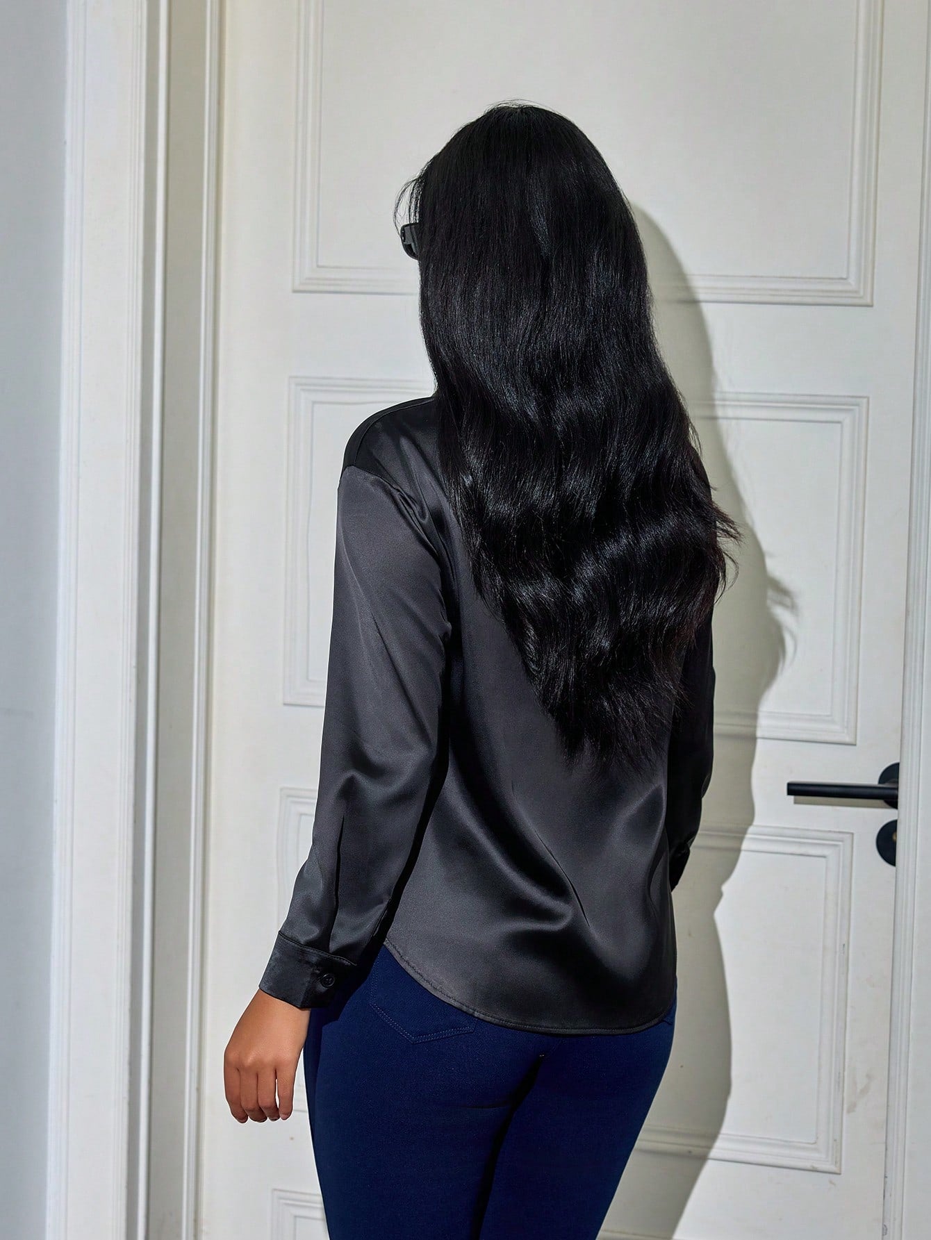 Women's Black Satin Button-Down Shirt with Gold Monogram, Elegant Long-Sleeve Blouse for Office & Casual Wear