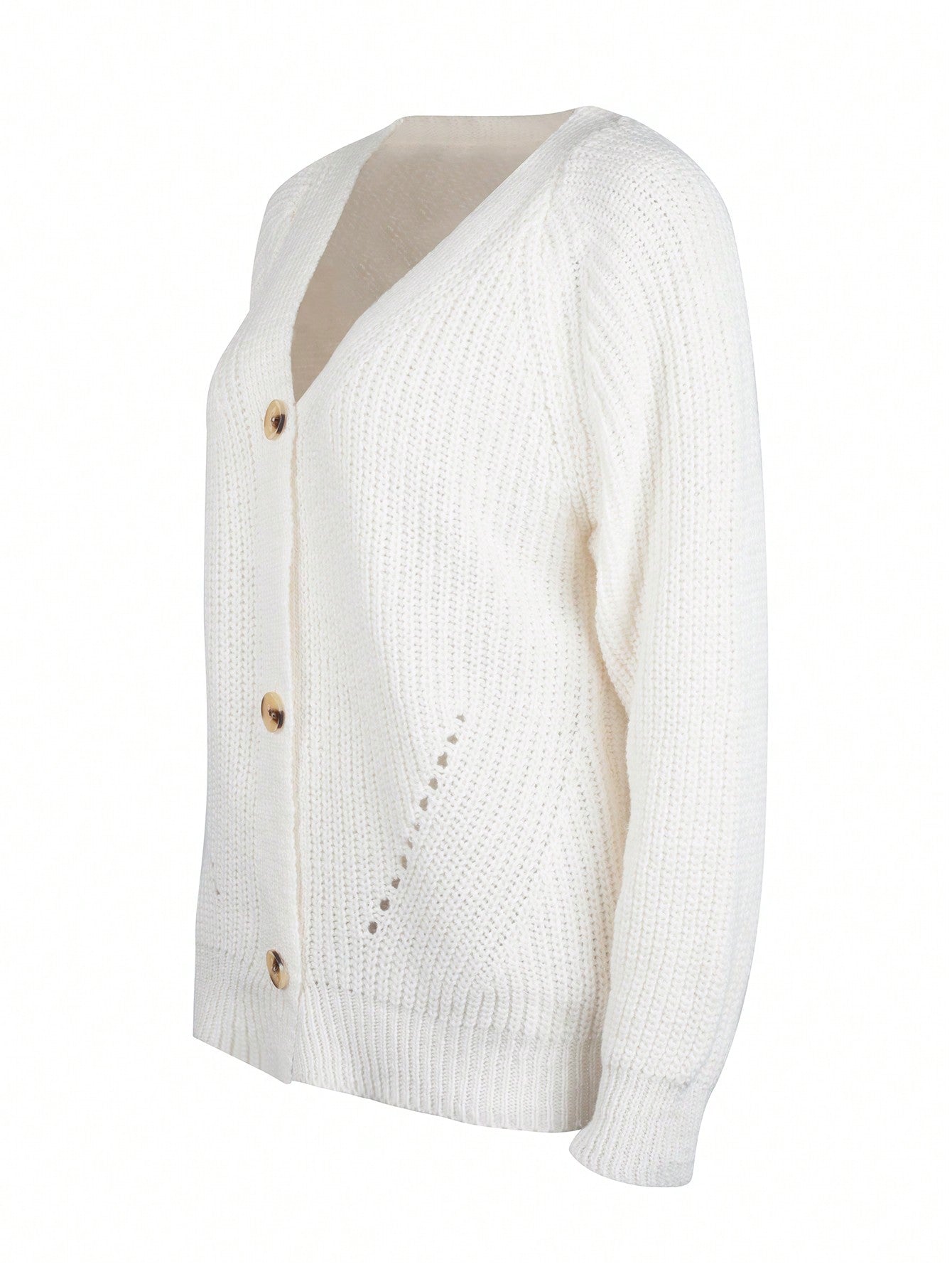 Women's Classic White V-Neck Ribbed Knit Cardigan Sweater