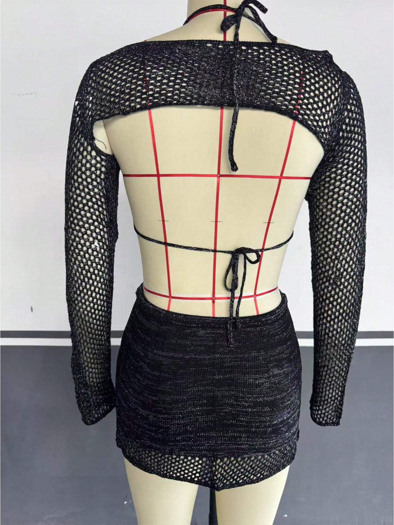 Women's Black Knit Two-Piece Set with Crop Top and Mini Skirt