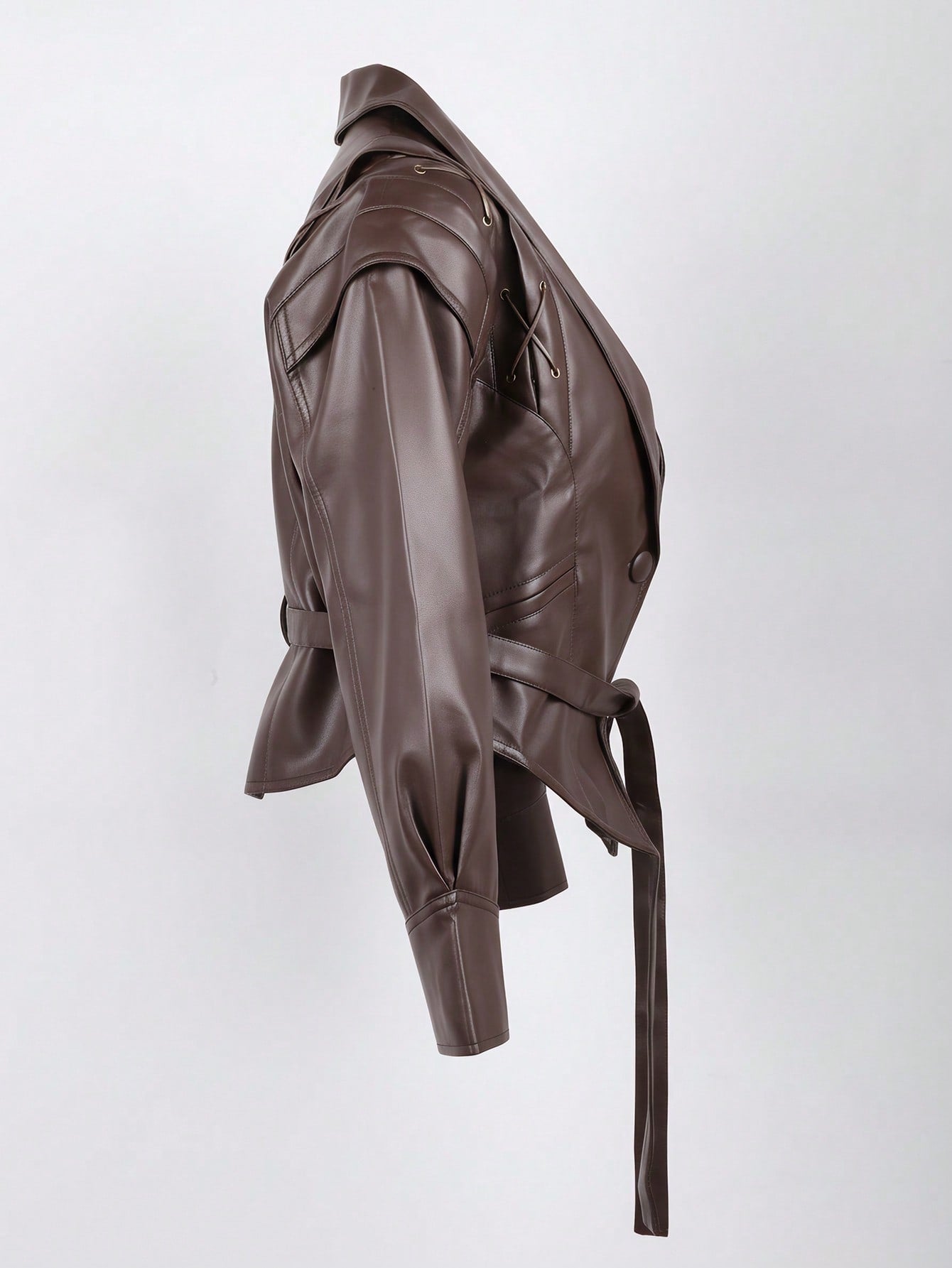 Women's Sleek Brown PU Leather Moto Jacket with Lace-Up Shoulder Detail