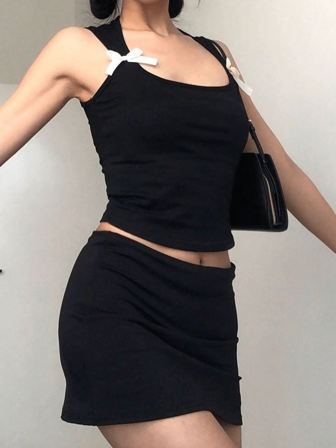 Women's Black Square Neck Two Piece Set - Crop Top and Mini Skirt