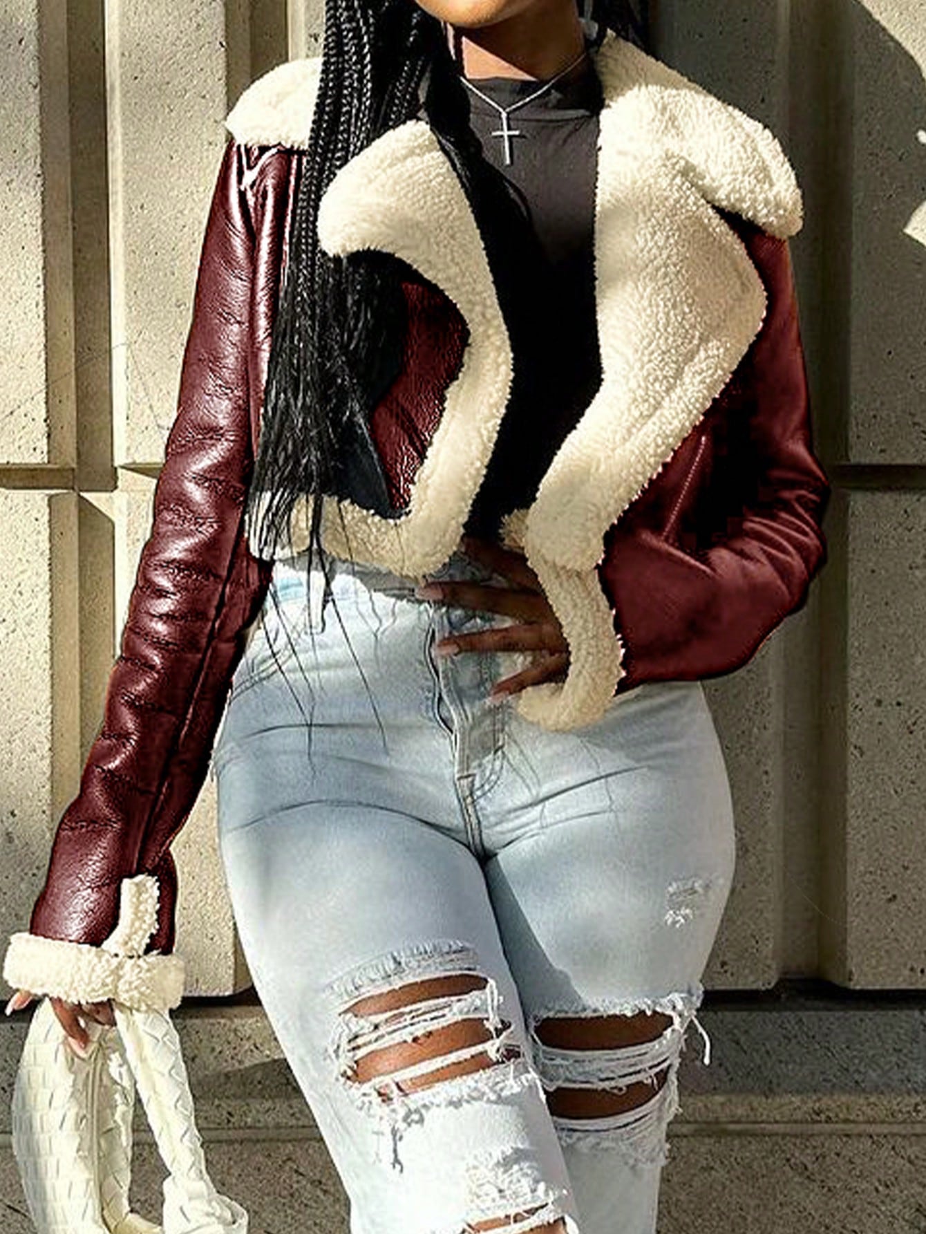 Women's Wine Red PU Leather Cropped Jacket with Faux Fur Trim Winter Coat