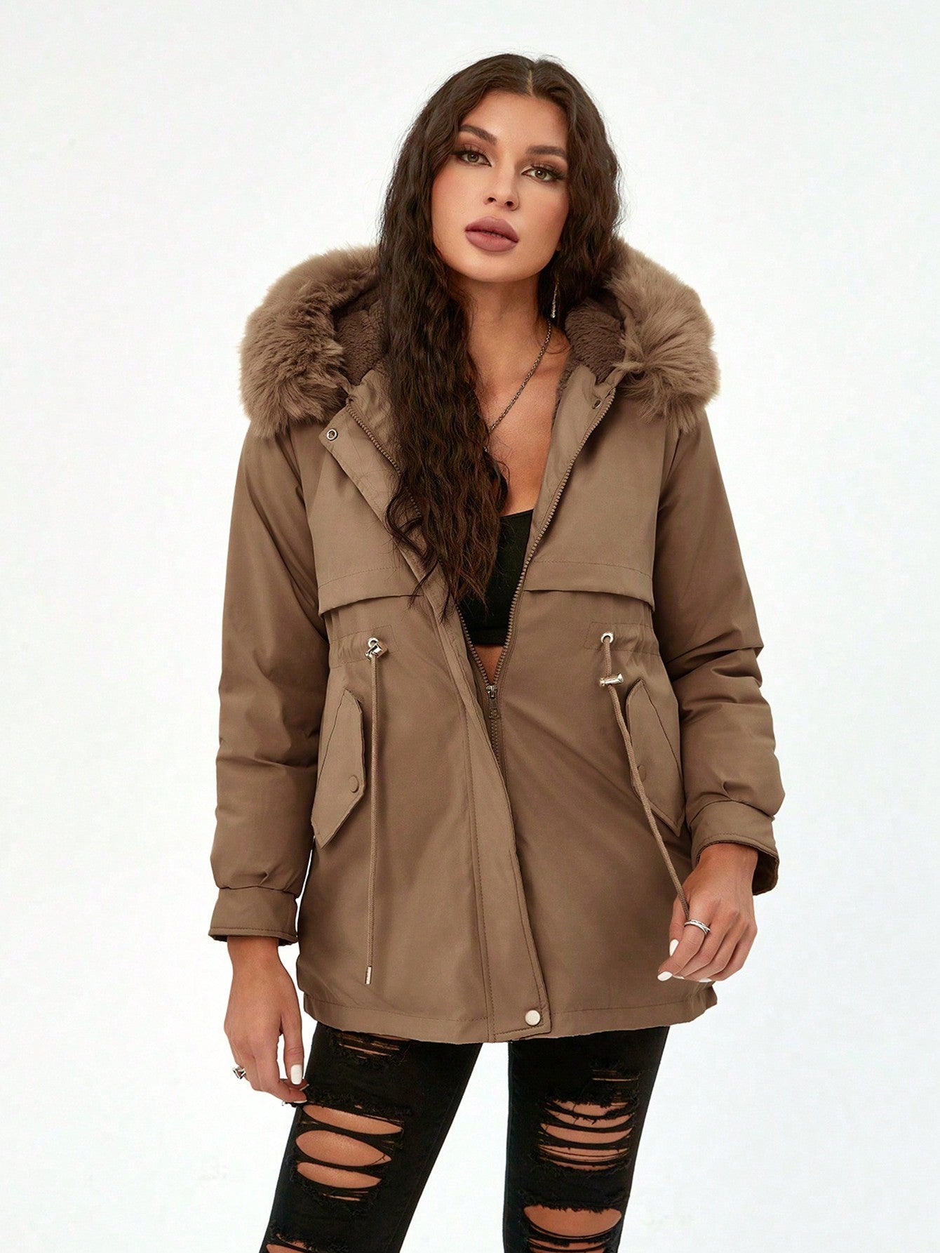 Women's Coffee Brown Faux Fur Hooded Parka Jacket Winter Warm Coat