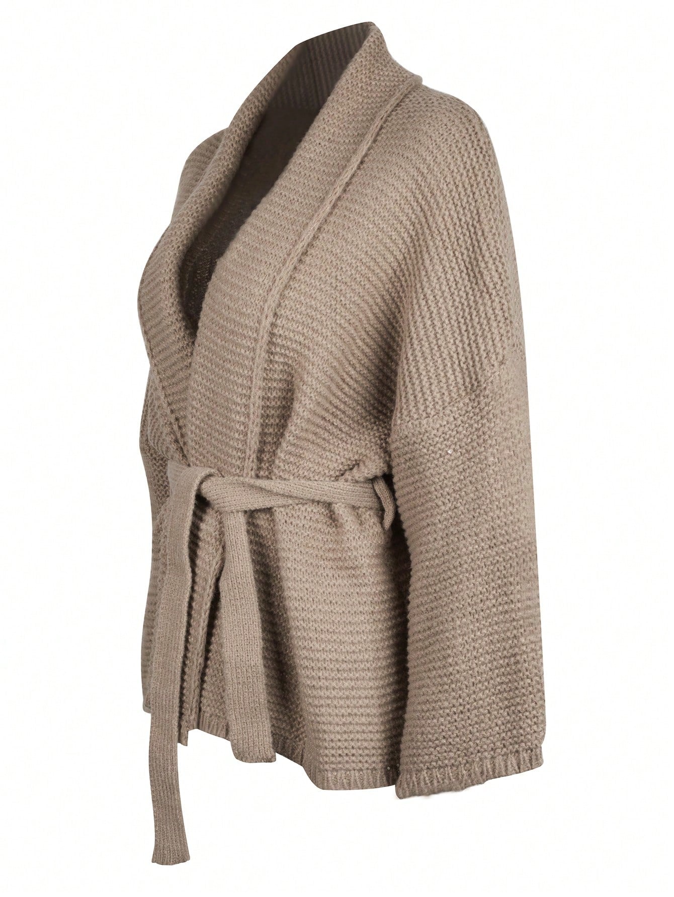 Women's Cozy Khaki Chunky Ribbed Knit Cardigan with Waist Tie