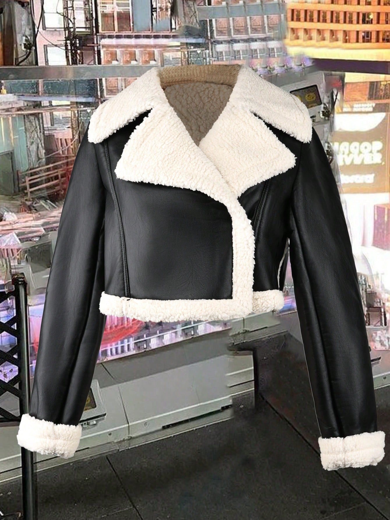 Women's Black Faux Leather Coat with Shearling Collar, Trendy Cropped Puffer Coat for Winter