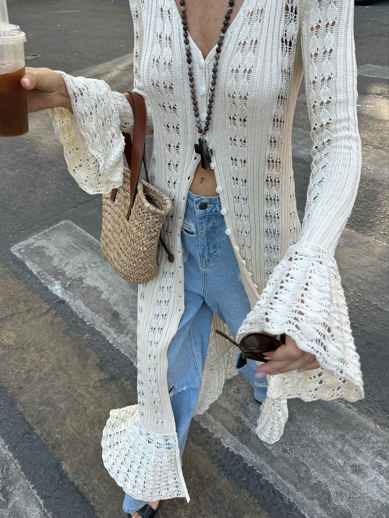Women's Elegant White Pointelle Knit Maxi Cardigan with Ruffle Hem