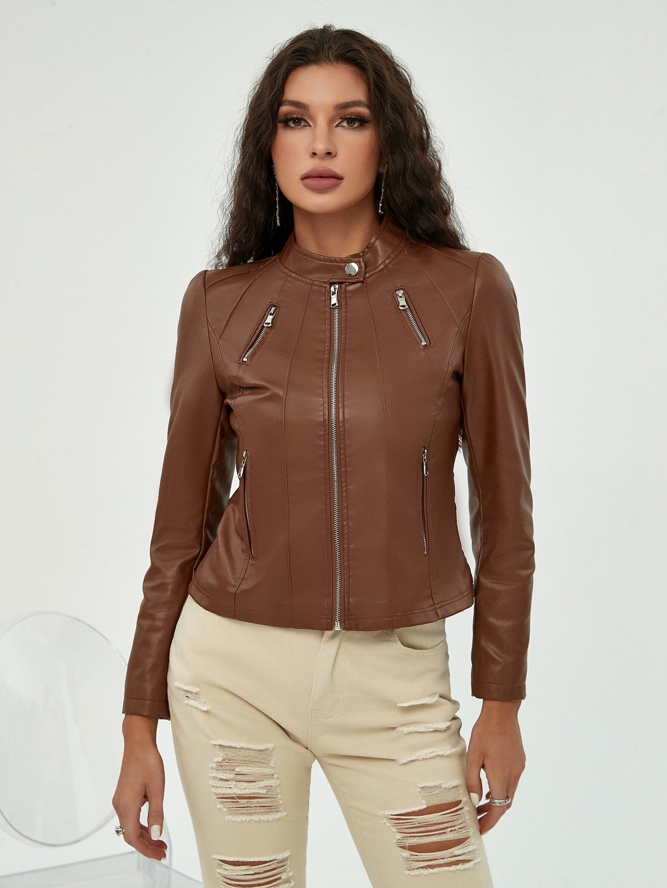 Women's Vintage Brown Faux Leather Jacket with Multiple Zippers