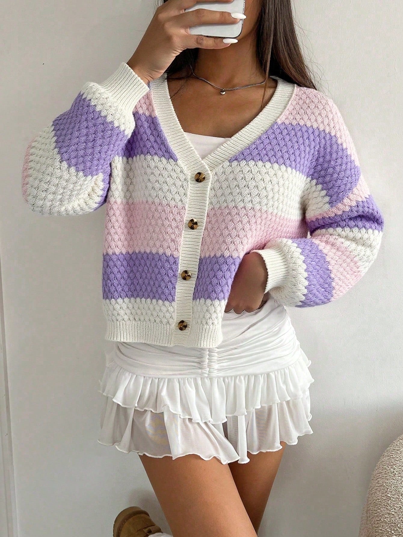 Women's Sweet Pink and Purple Striped Bubble Knit Cardigan Sweater