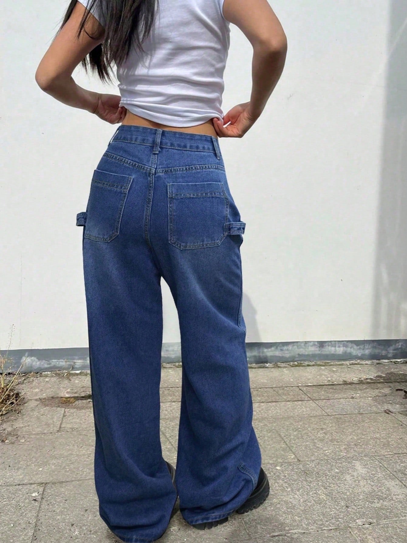 Women's Dark Blue Wide Leg Cargo Denim Jeans