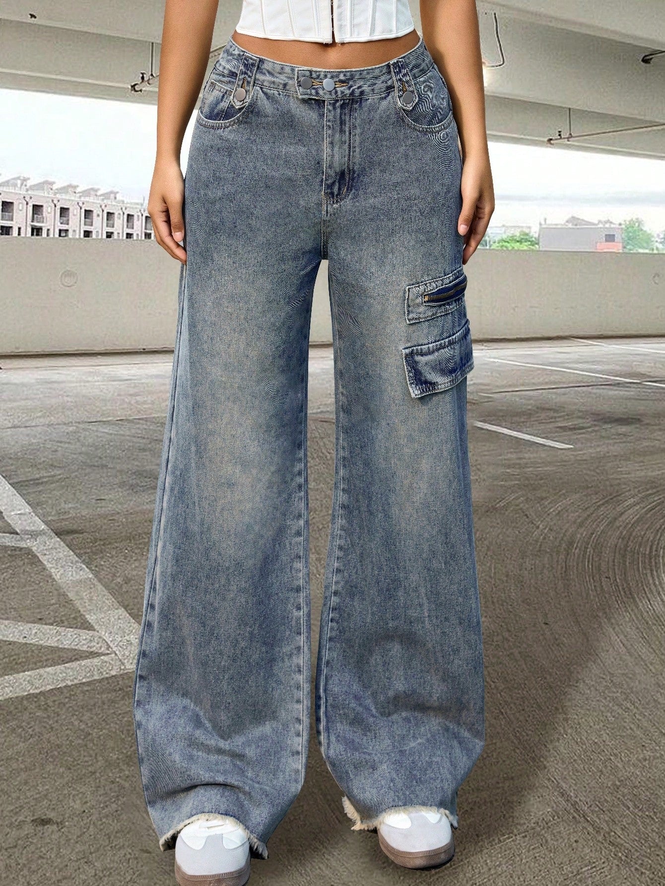 Women's Baggy Wide-Leg Blue Jeans - High-Waisted Casual Denim Pants