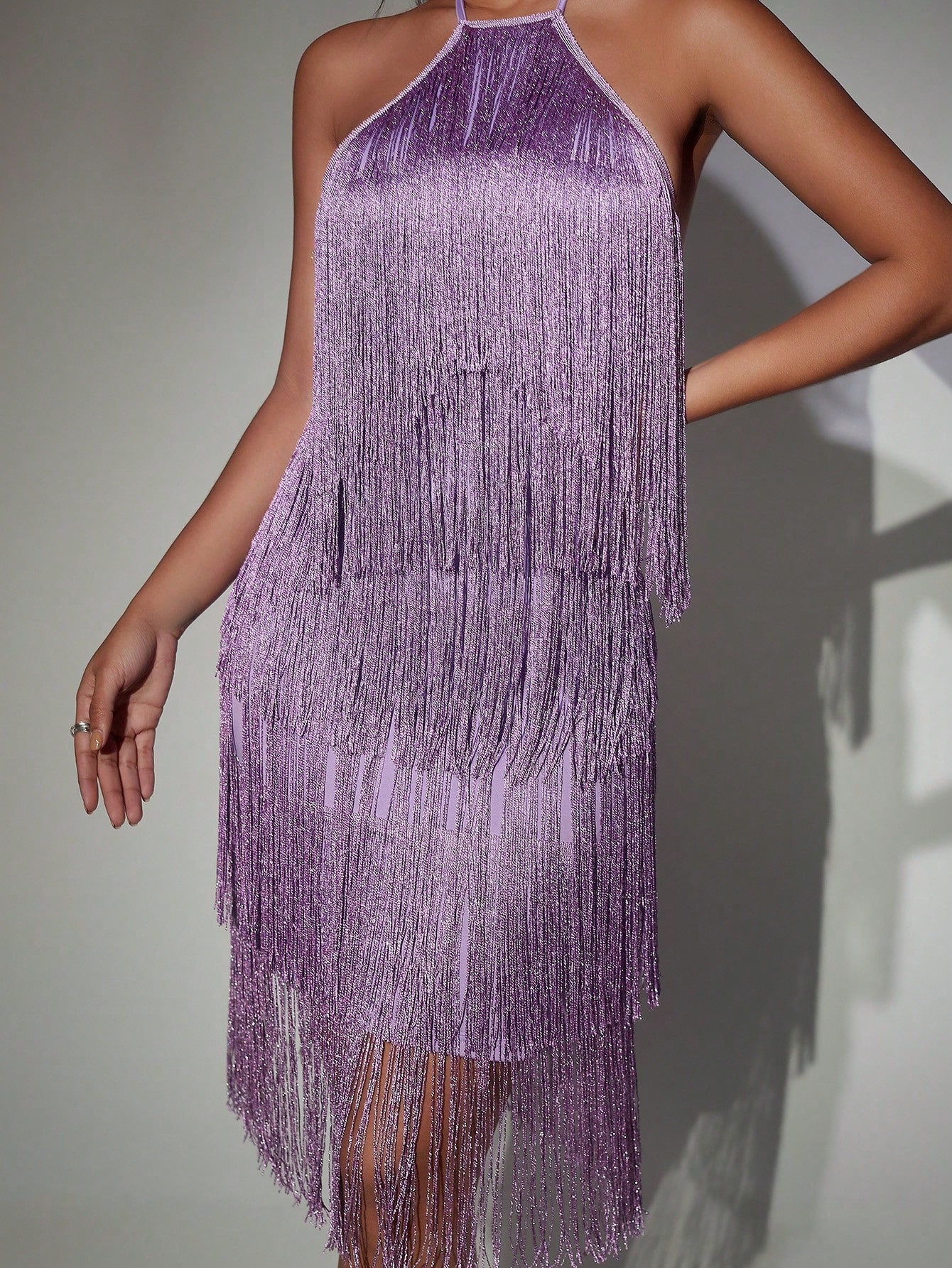 Women's Sexy Purple Fringe Halter Mini Dress with Multi-Tiered Tassels