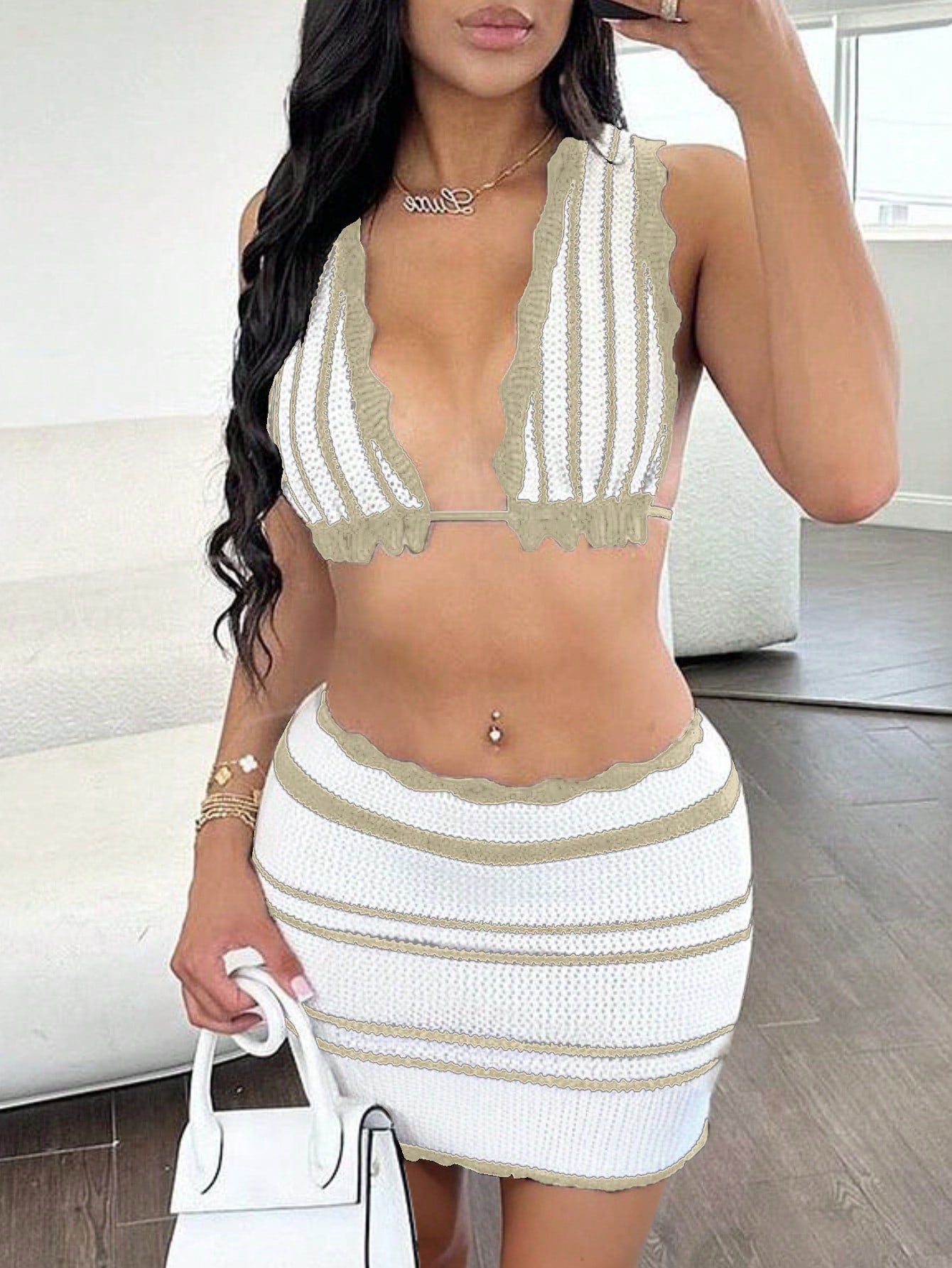 Women's Beige Striped Knit Two-Piece Set - Plunge Neck Crop Top & Mini Skirt, Trendy Casual Outfit for Summer