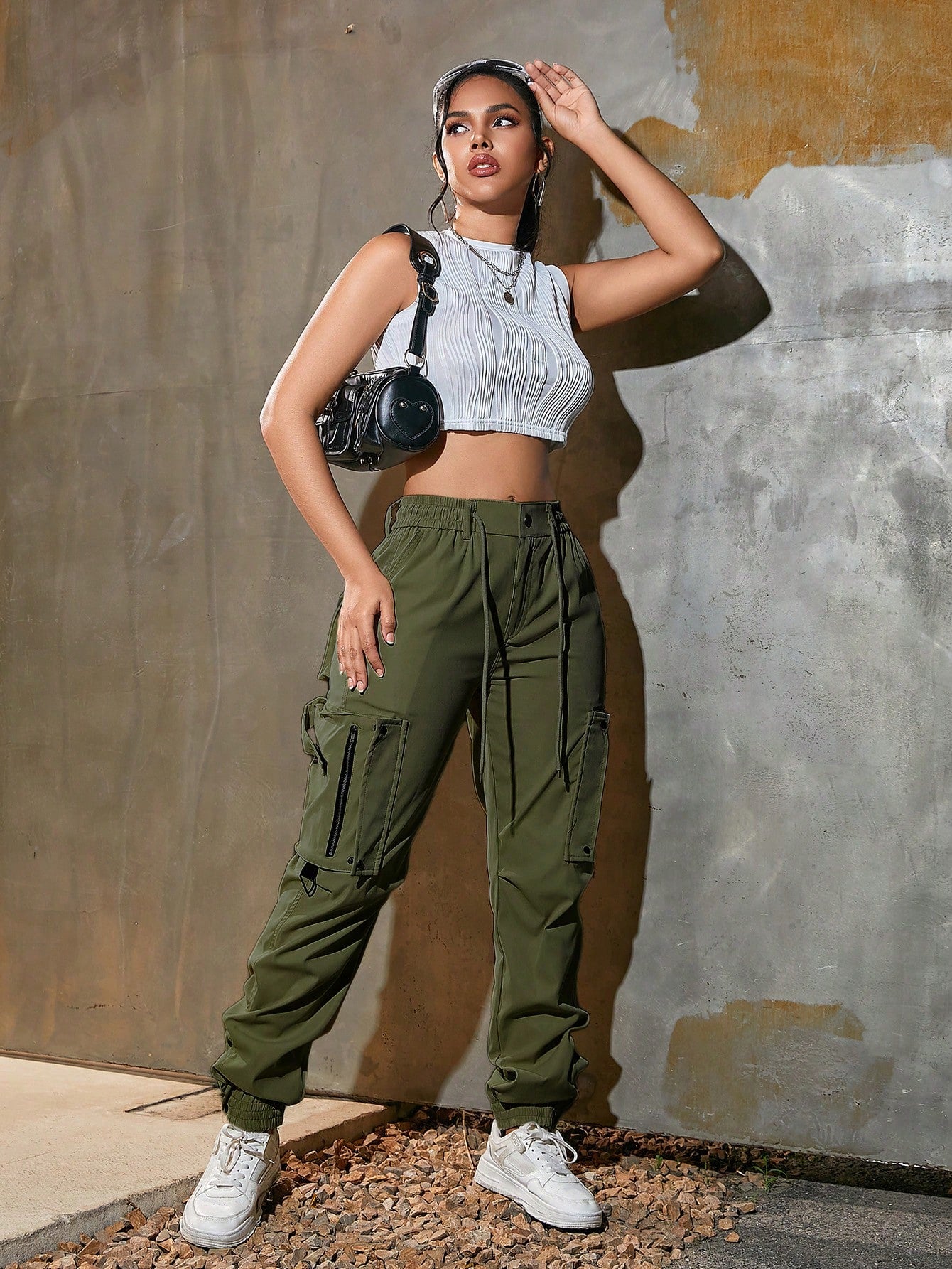 Women's Army Green High Waisted Zipper Detail Cargo Pants Streetwear Trousers