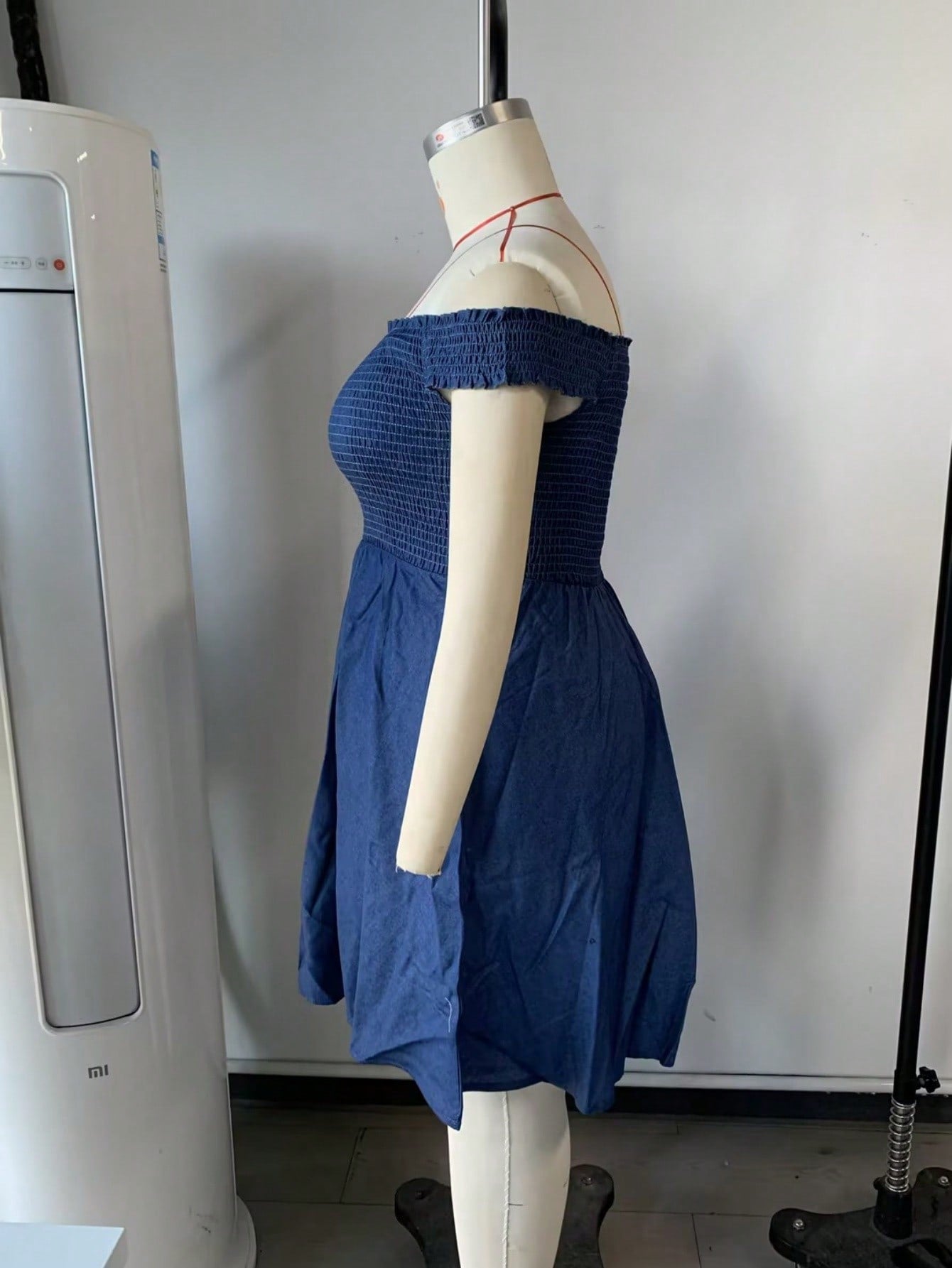 Women's Blue Viscose Blend Off-the-Shoulder Smocked Mini Dress