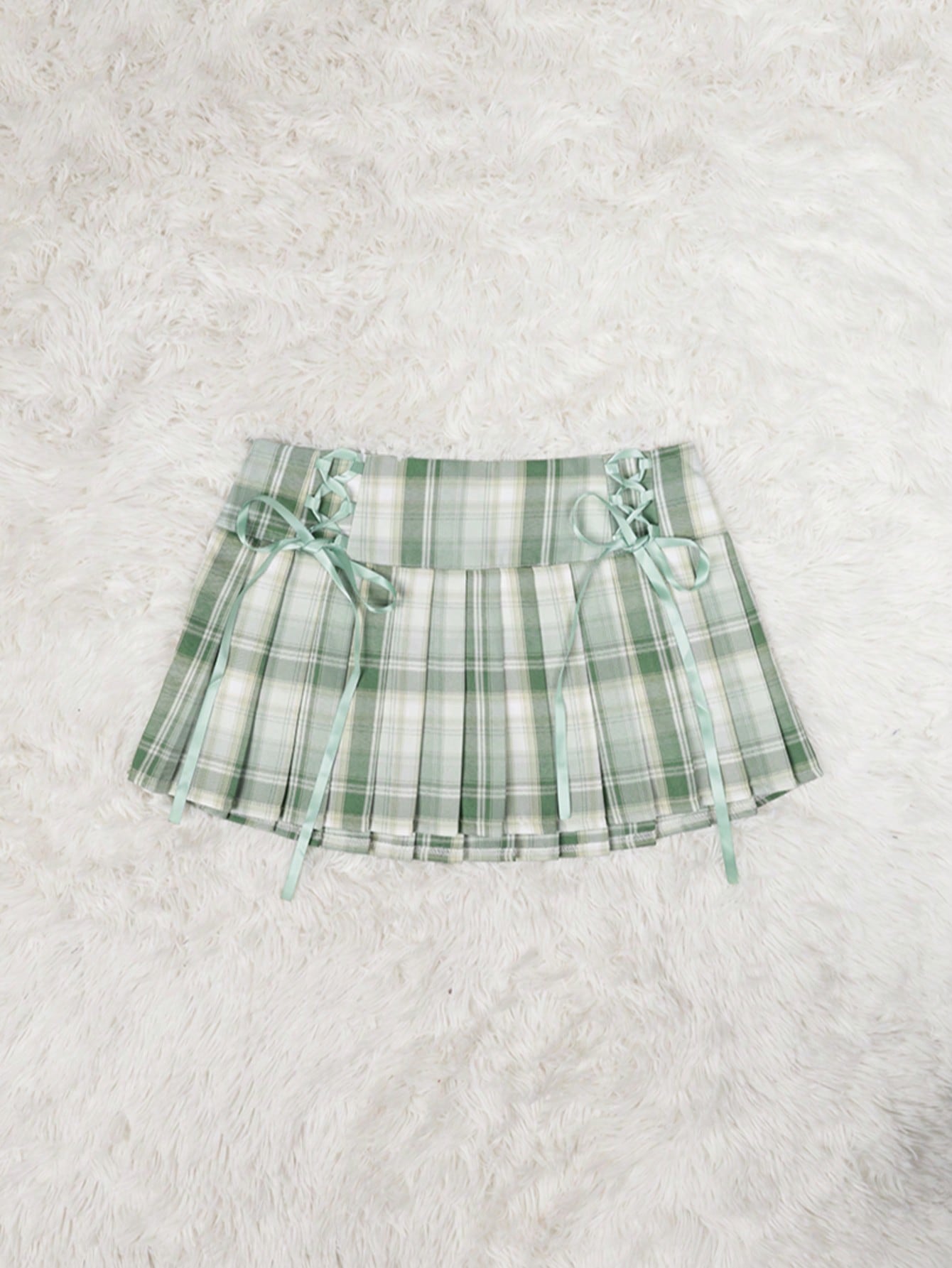 Women's Green Plaid Polyester Pleated Mini Skirt with Side Lace-Up Detail