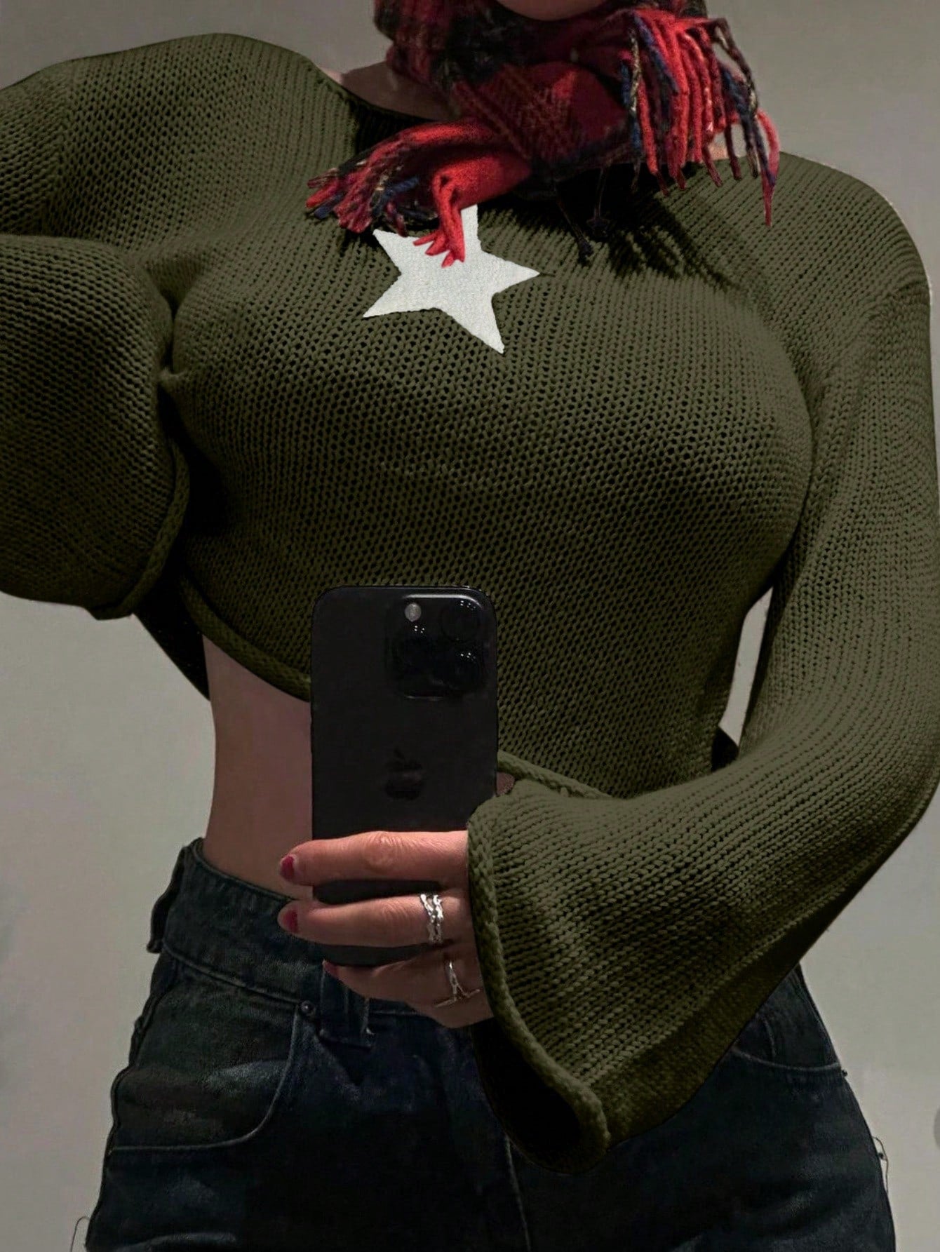 Women's Olive Green Knitted Sweater with White Star Detail, Casual Chic Cropped Pullover