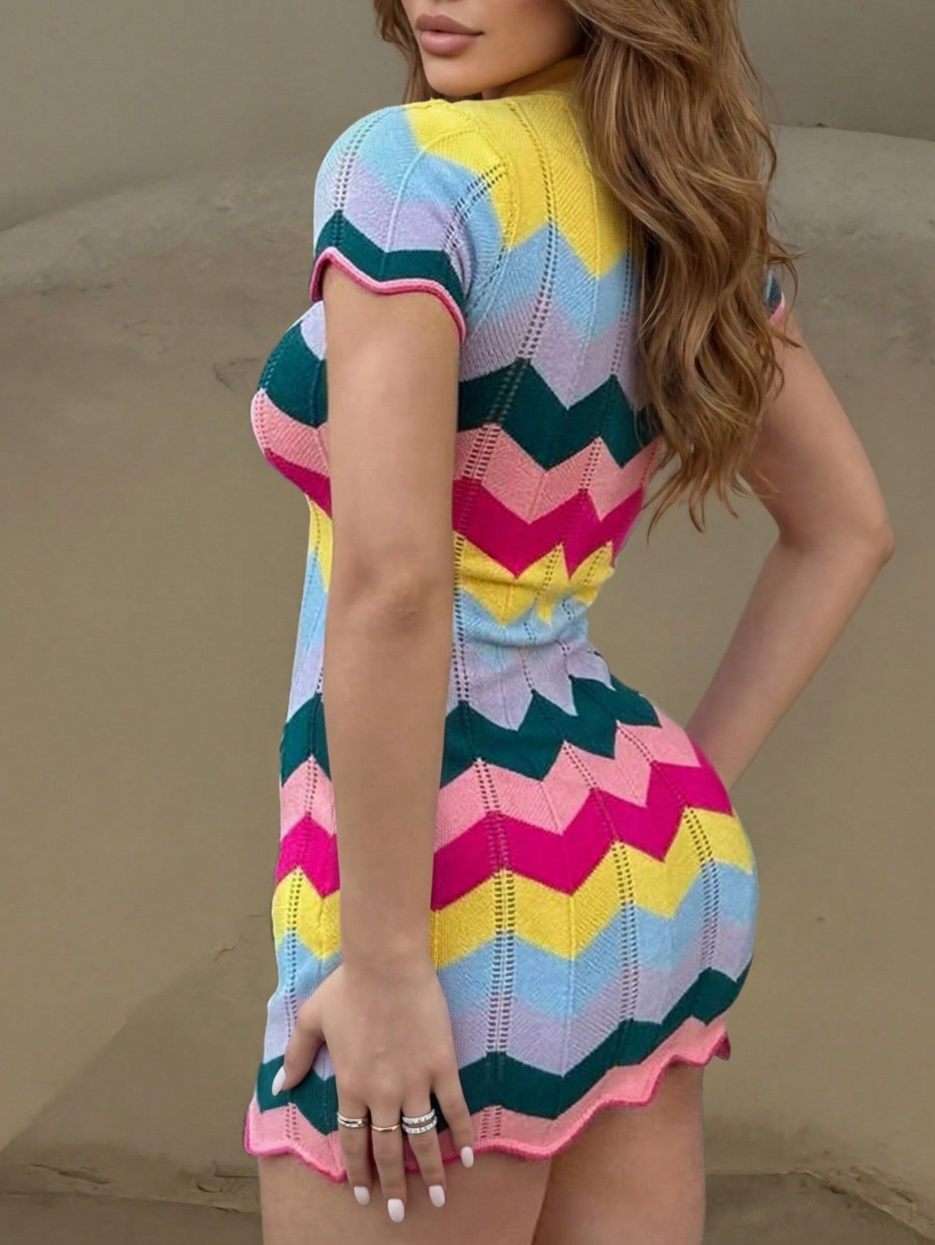 Women's Multi Color Ribbed Knit Midi Bodycon Dress