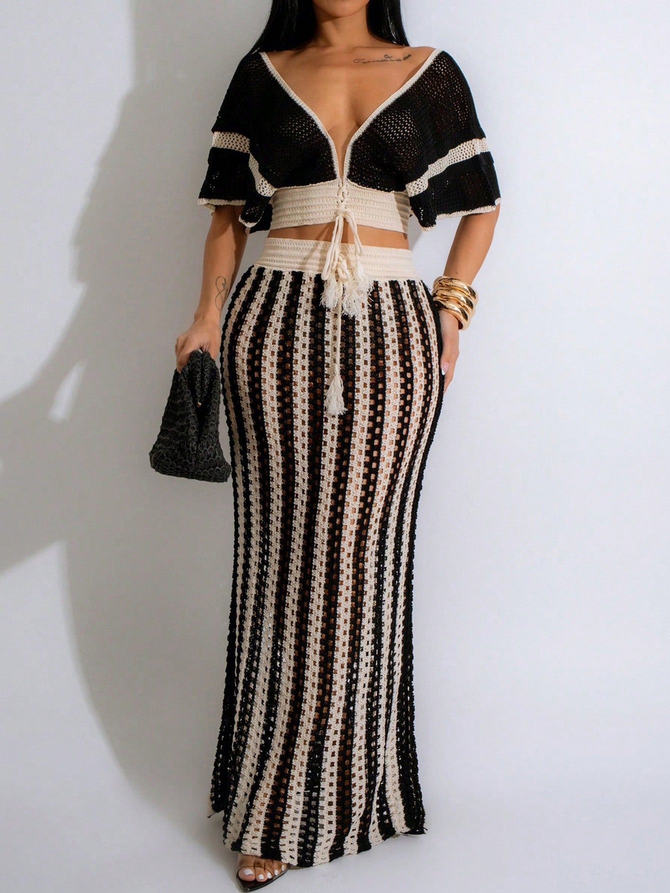 Women's Black White Knit Two-Piece Set with Crop Top and Mini Skirt