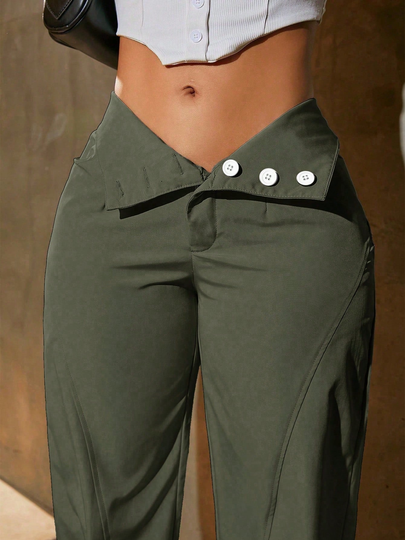 Women's High Waist Wide Leg Trousers Army Green Loose Fit Casual Wear