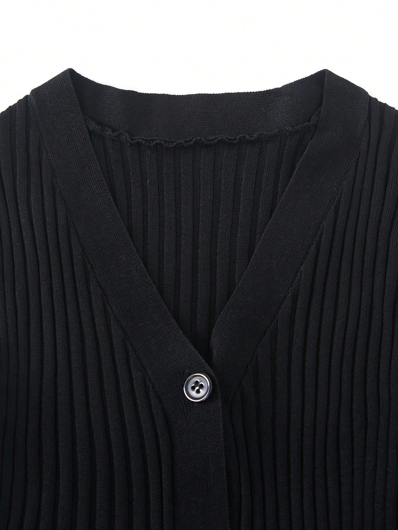 Women's Black Ribbed Knit Henley Top with Button Placket