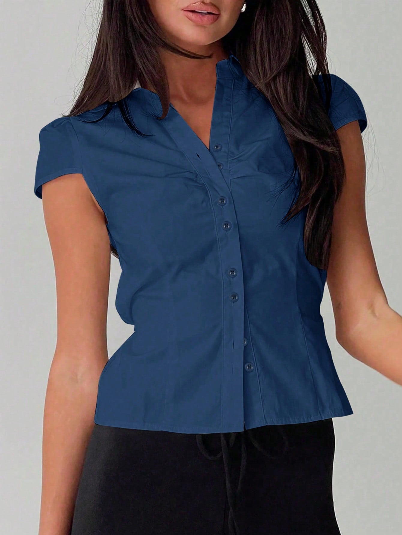 Women's Navy Blue Ruched Short-Sleeve Crop Top - Casual Sexy Daily & Summer Outing Top