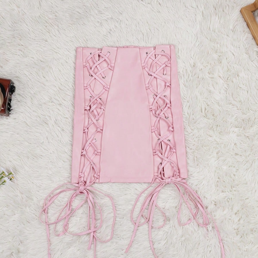 Women's Lotus Pink Lace-up High Waist PU Mini Skirt