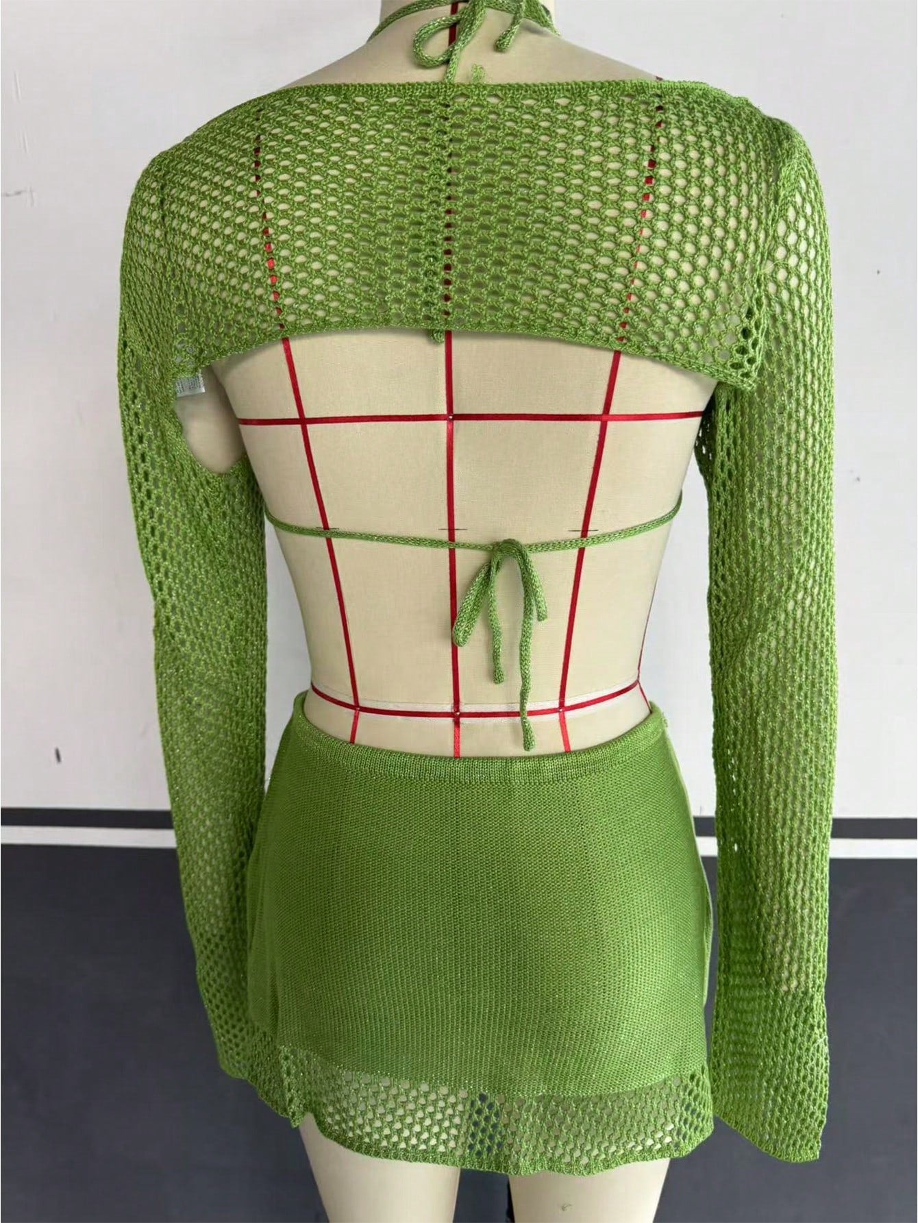 Women's Green Knit Two-Piece Set with Crop Top and Mini Skirt