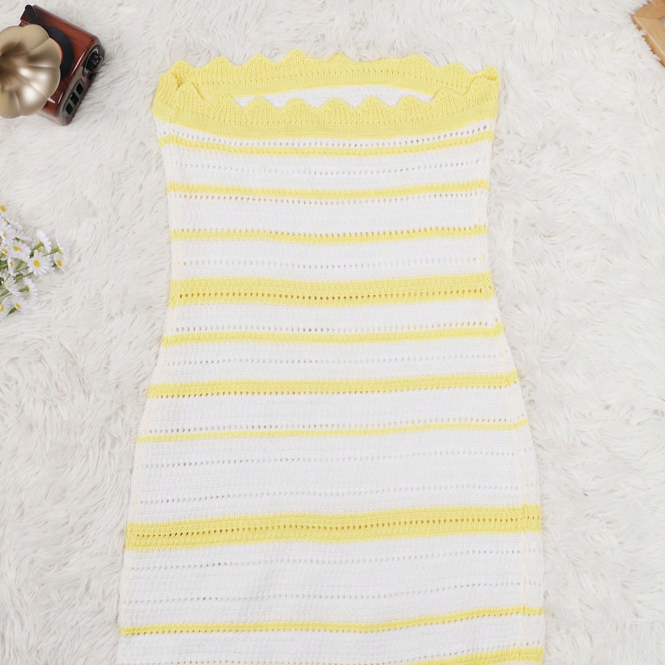 Women's Strapless Knit Bodycon Mini Dress Striped Scalloped Edge