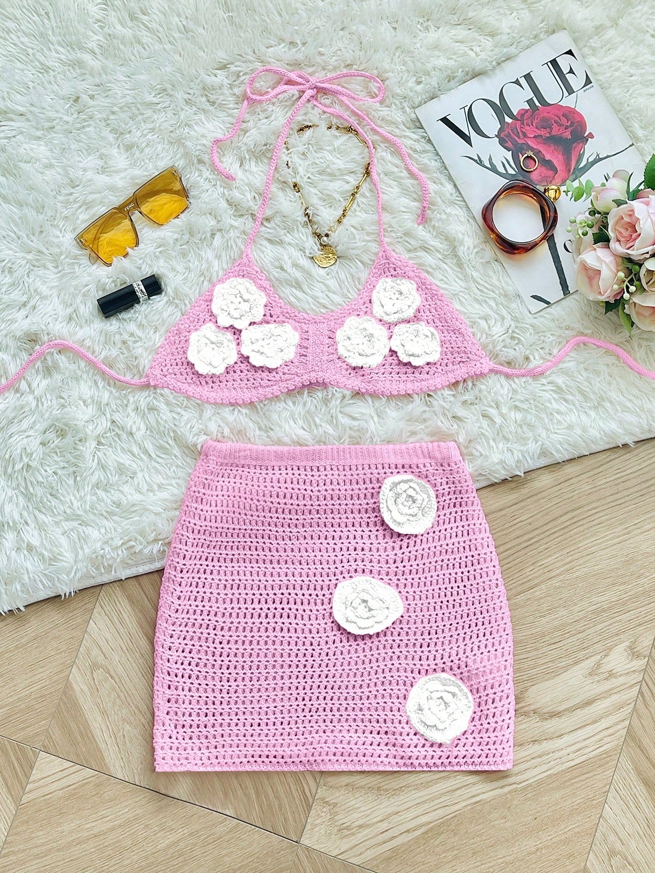 Women's Light Pink Crochet Knit Two-Piece Set with White Flower Appliqu¨¦s