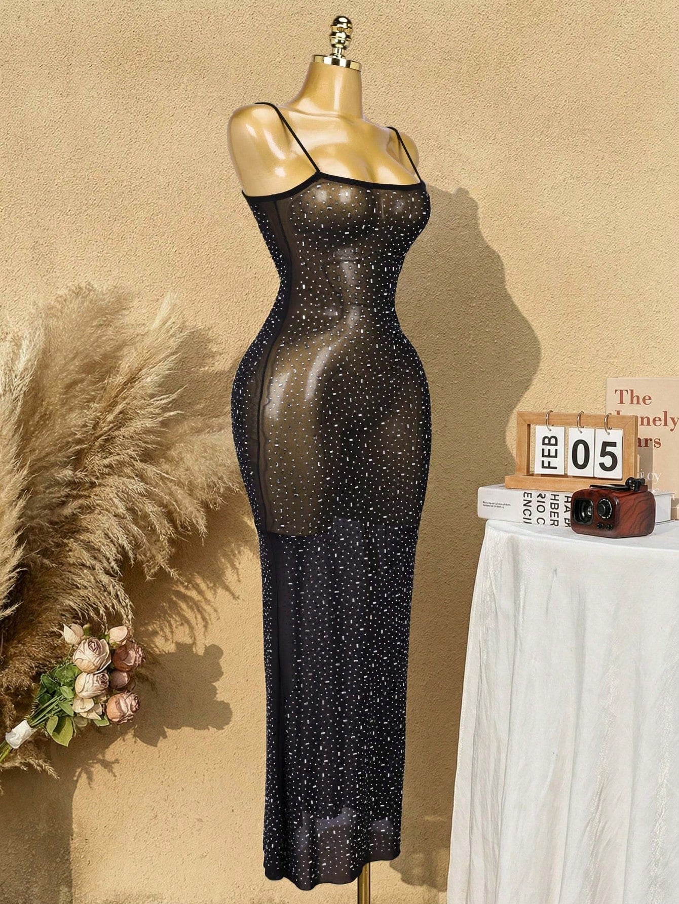 Women's Black Sheer Mesh Rhinestone Bodycon Maxi Dress with Spaghetti Straps