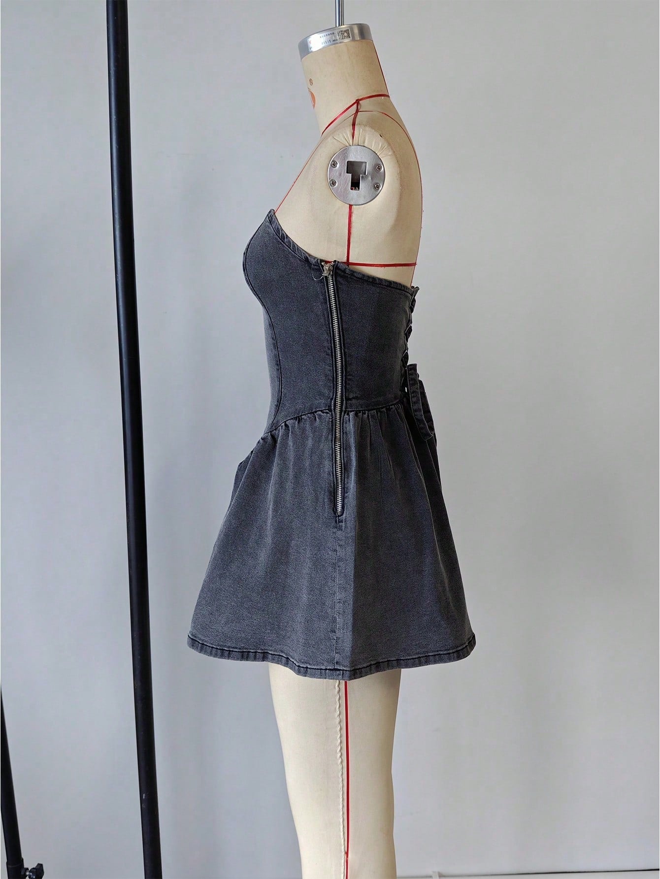 Women's Black Cotton Blend Strapless Flared Denim Mini Dress
