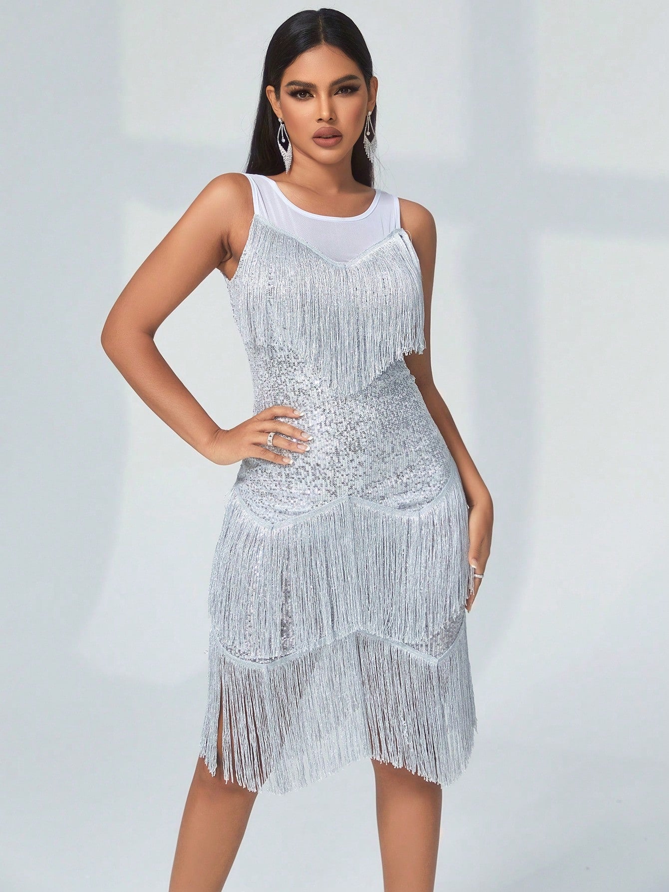 Women's Stunning Silver Sequin Fringe Mini Dress with Mesh Contrast
