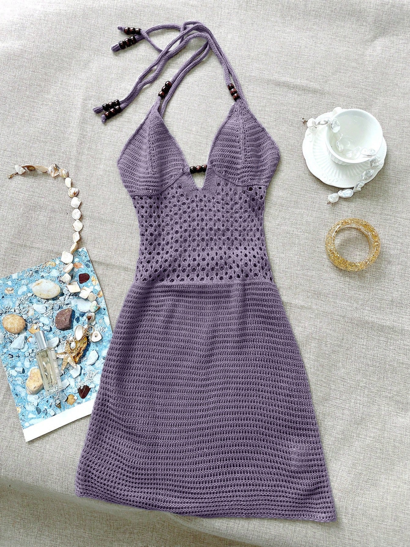 Women's Sexy Lavender Crochet Knit Mini Dress Halter Neck Backless Bodycon Beach Dress