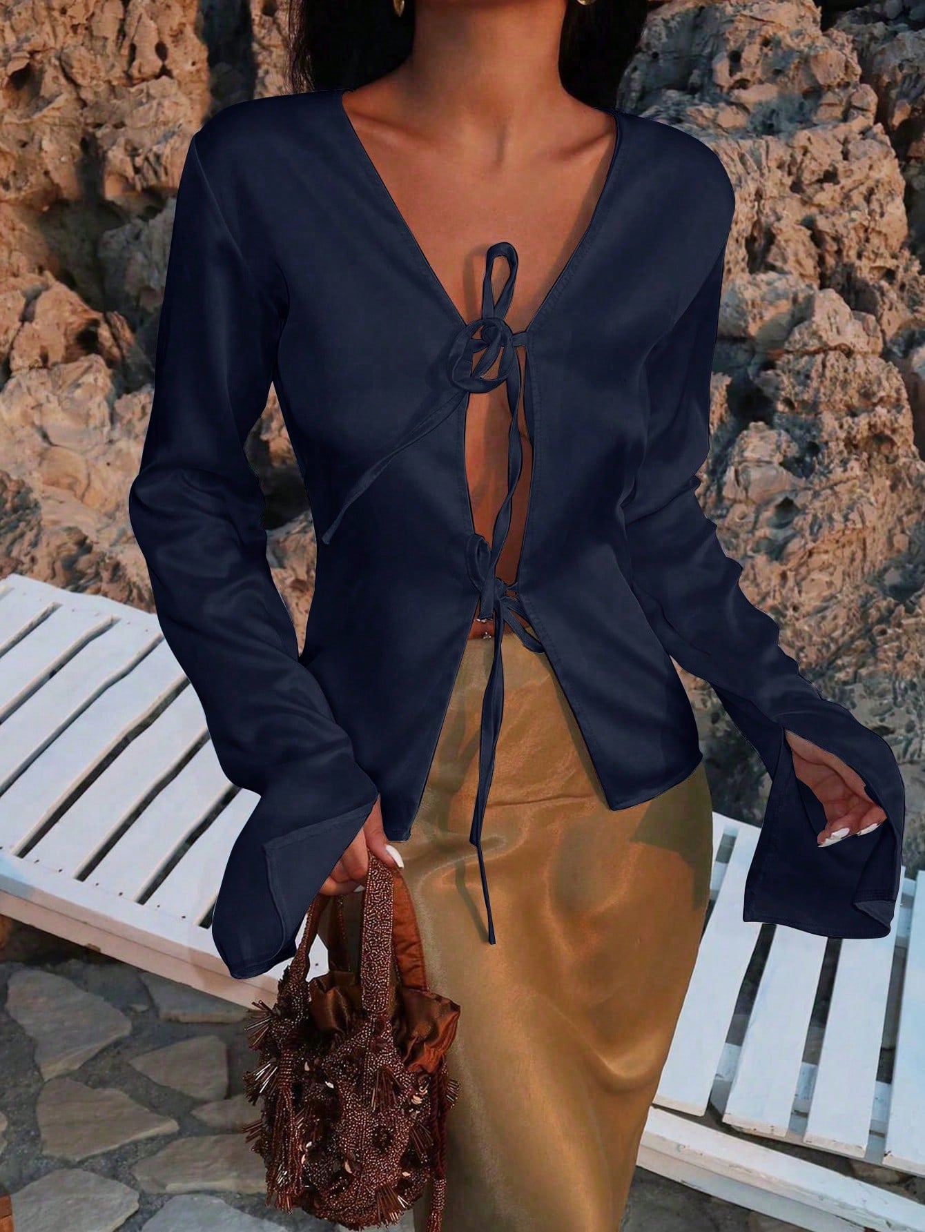 Women Satin Lace Up Deep V Neck Long Sleeve Slim Fit Blouse