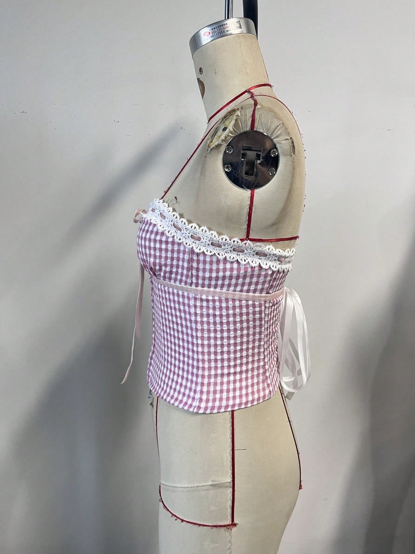 Women's Sweet Pink Gingham Corset Top with Lace Trim