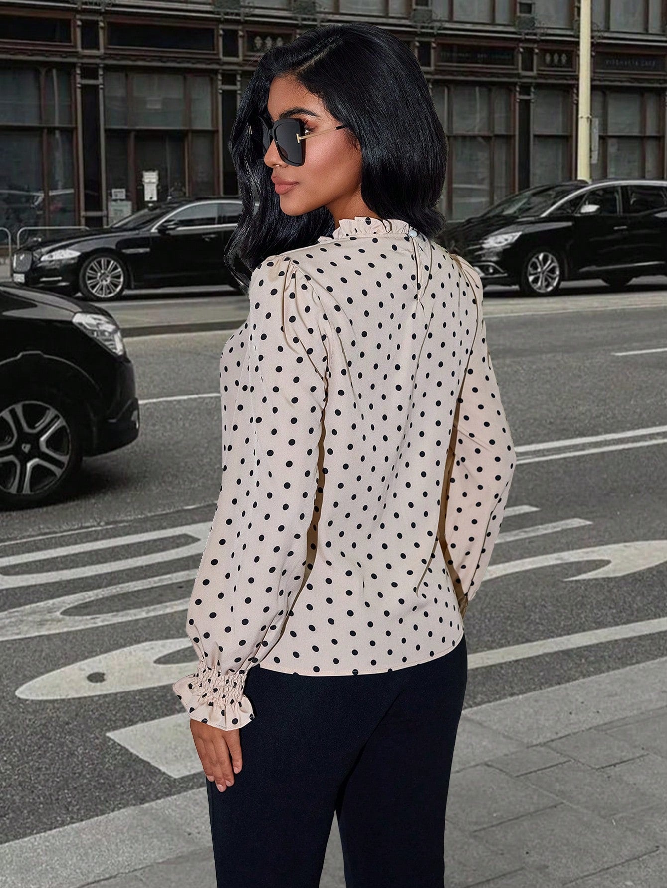 Women's Women Elegant Apricot Polka Dot Blouse High Neck Long Puff Sleeve Top