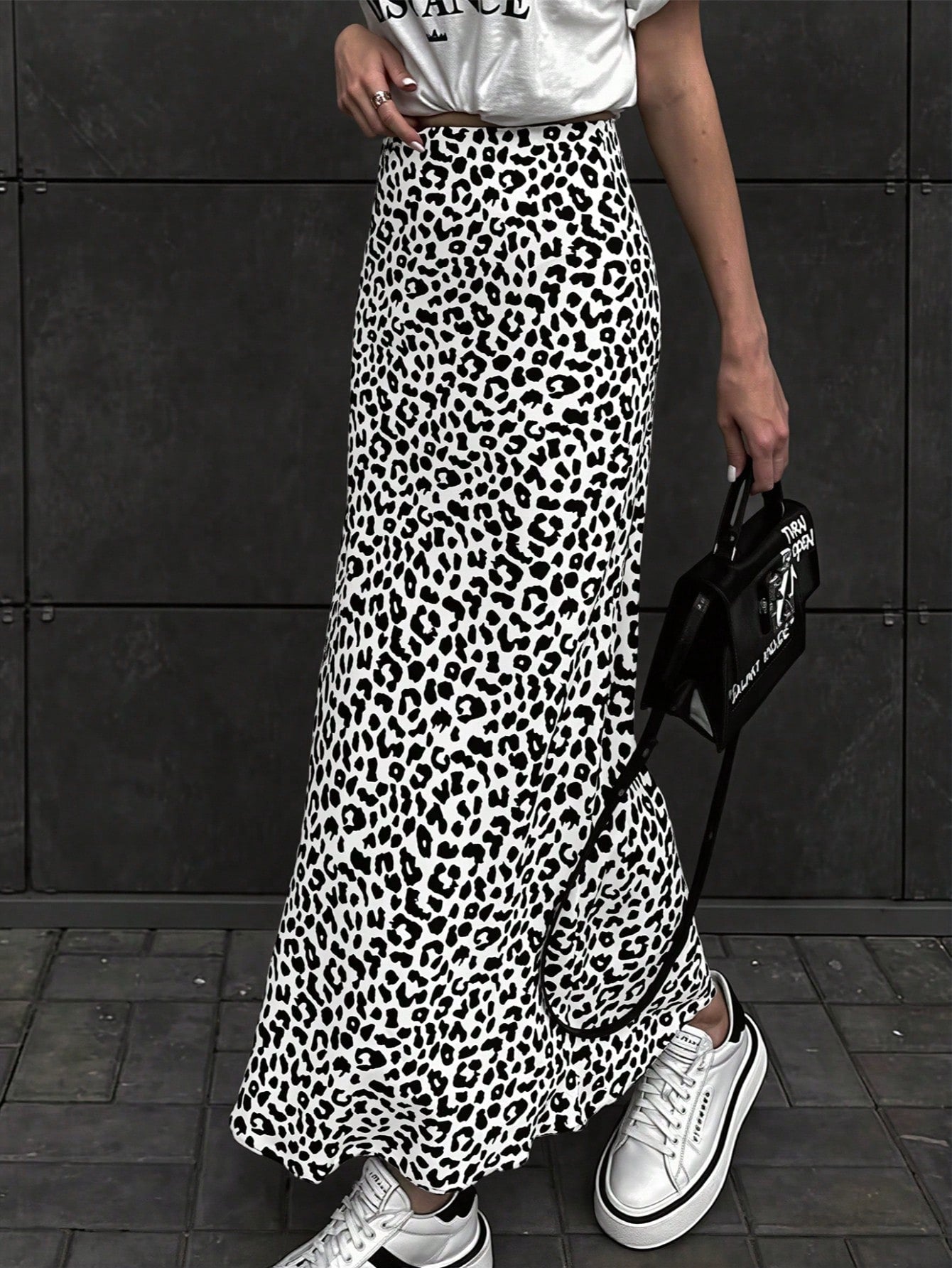 Women's Black and White Leopard Print High Waist Maxi Skirt