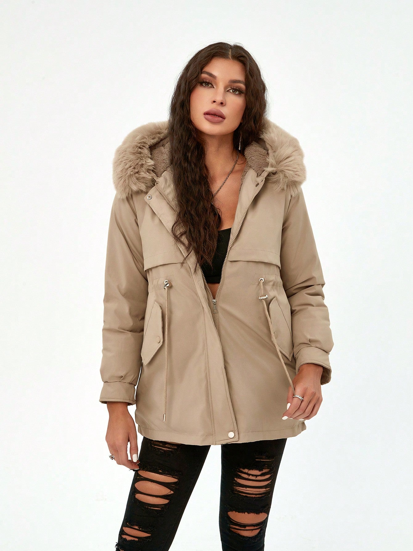 Women's khaki Faux Fur Hooded Puffer Jacket, Casual Warm Winter Outerwear with Trendy Design