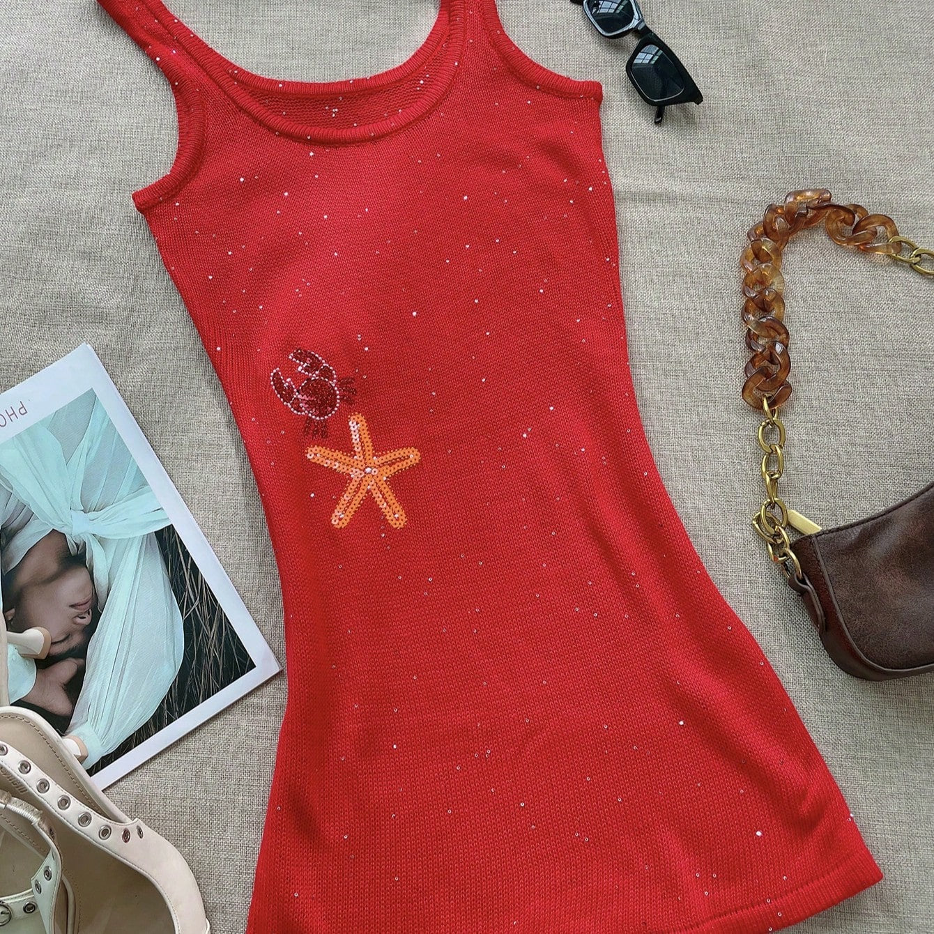 Women's Red Acrylic Knit Sleeveless Graphic Mini Dress with Sea Life Pattern