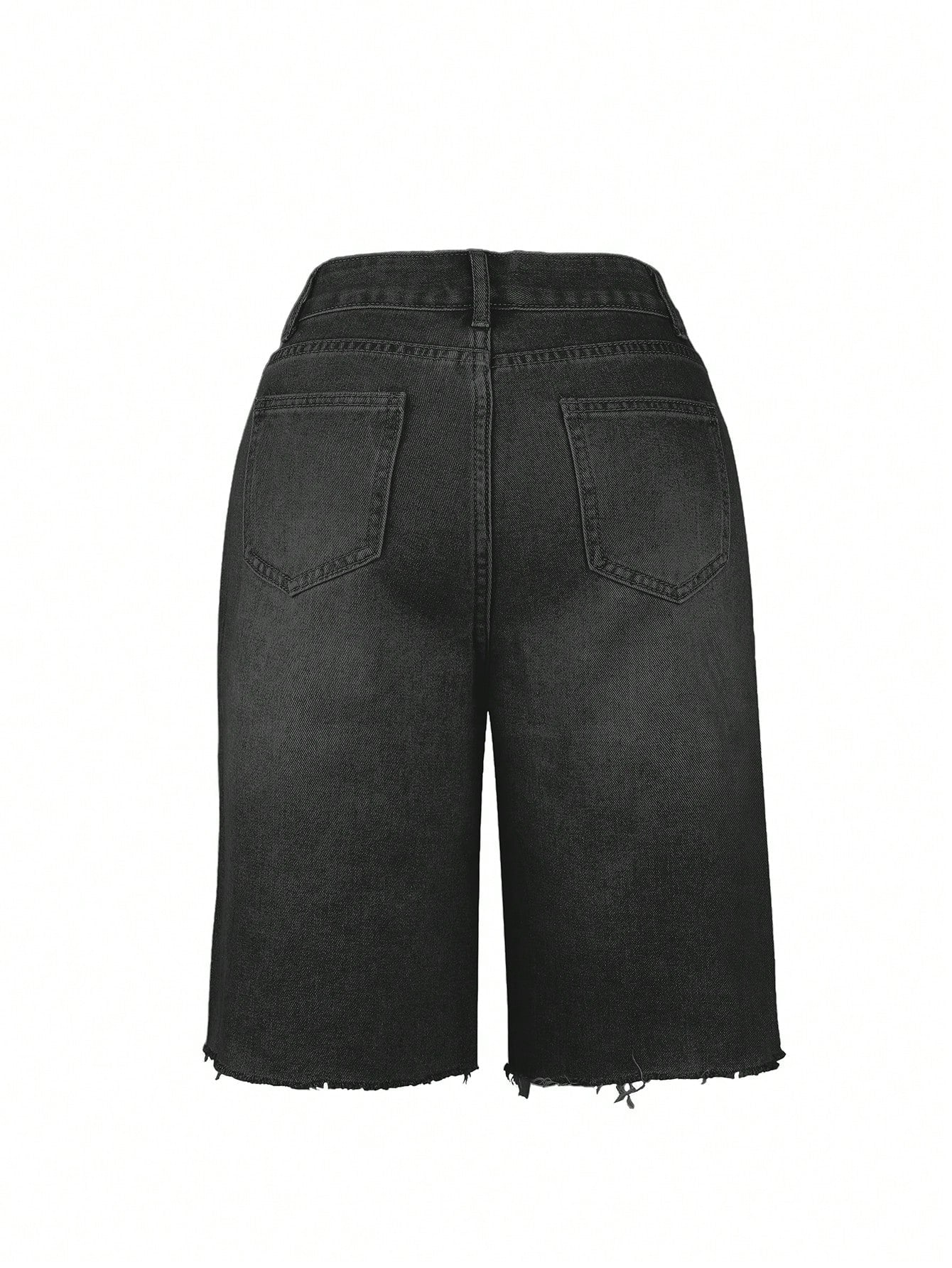 Women's Black Frayed Raw Hem Denim Jorts Bermuda Shorts