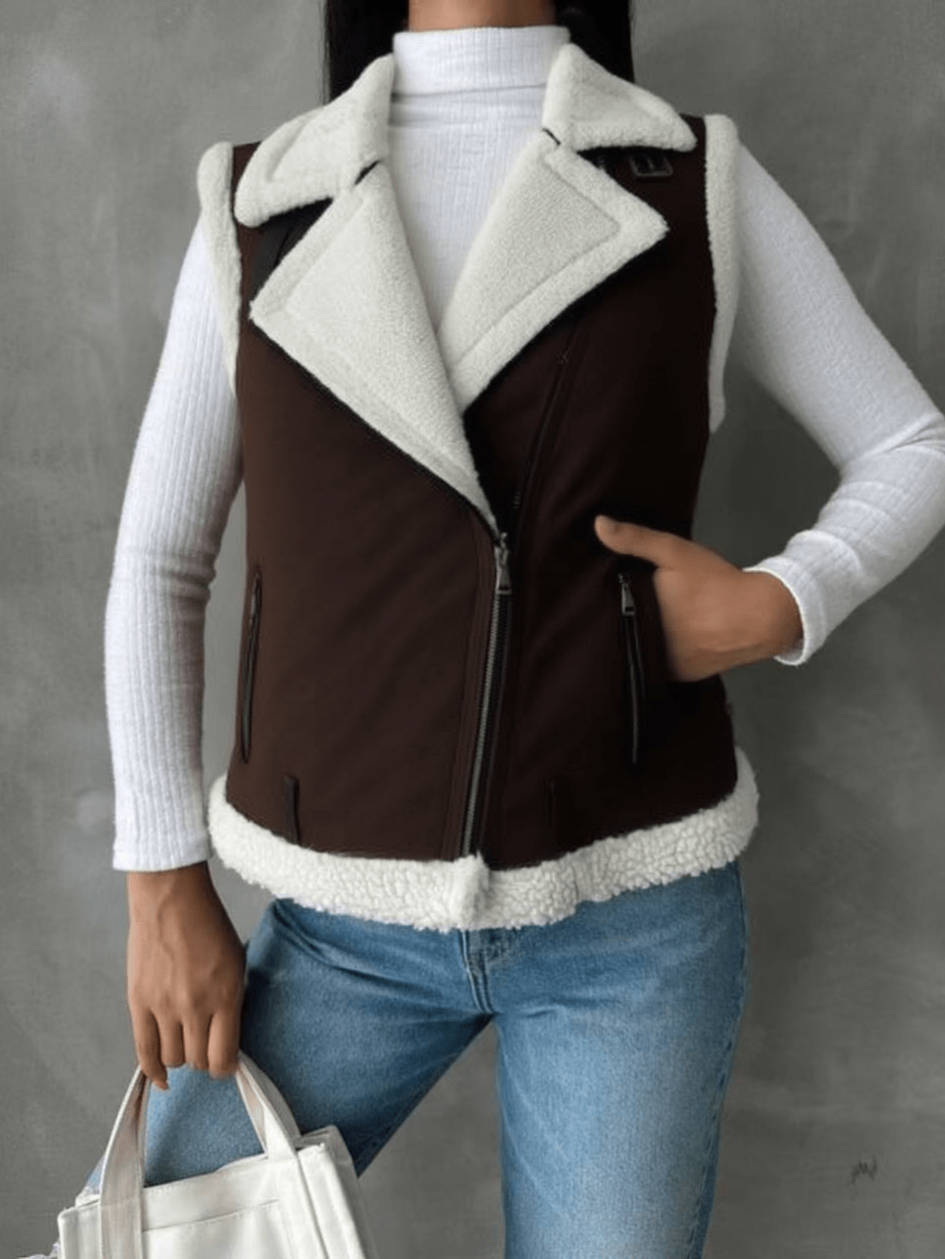 Women's Brown & Beige Shearling Vest - Chic Casual & Versatile Layering Outerwear