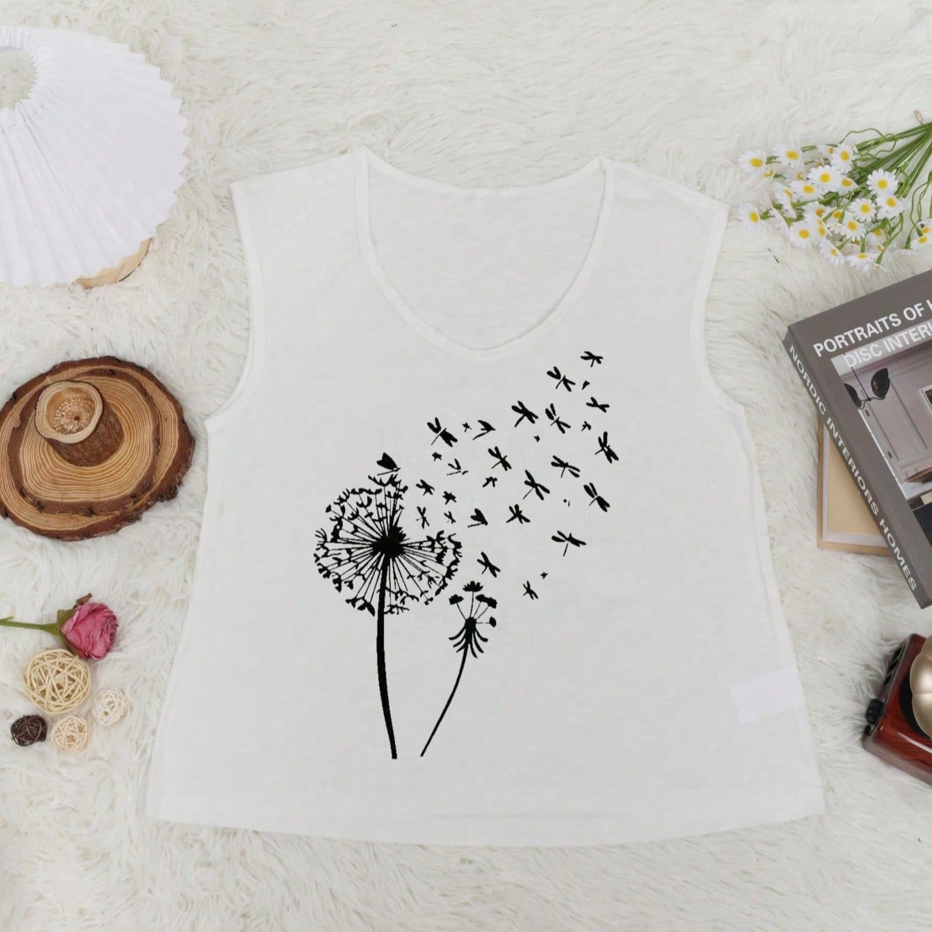 Women's Women Sleeveless Dandelion and Dragonflies Graphic Tank Top