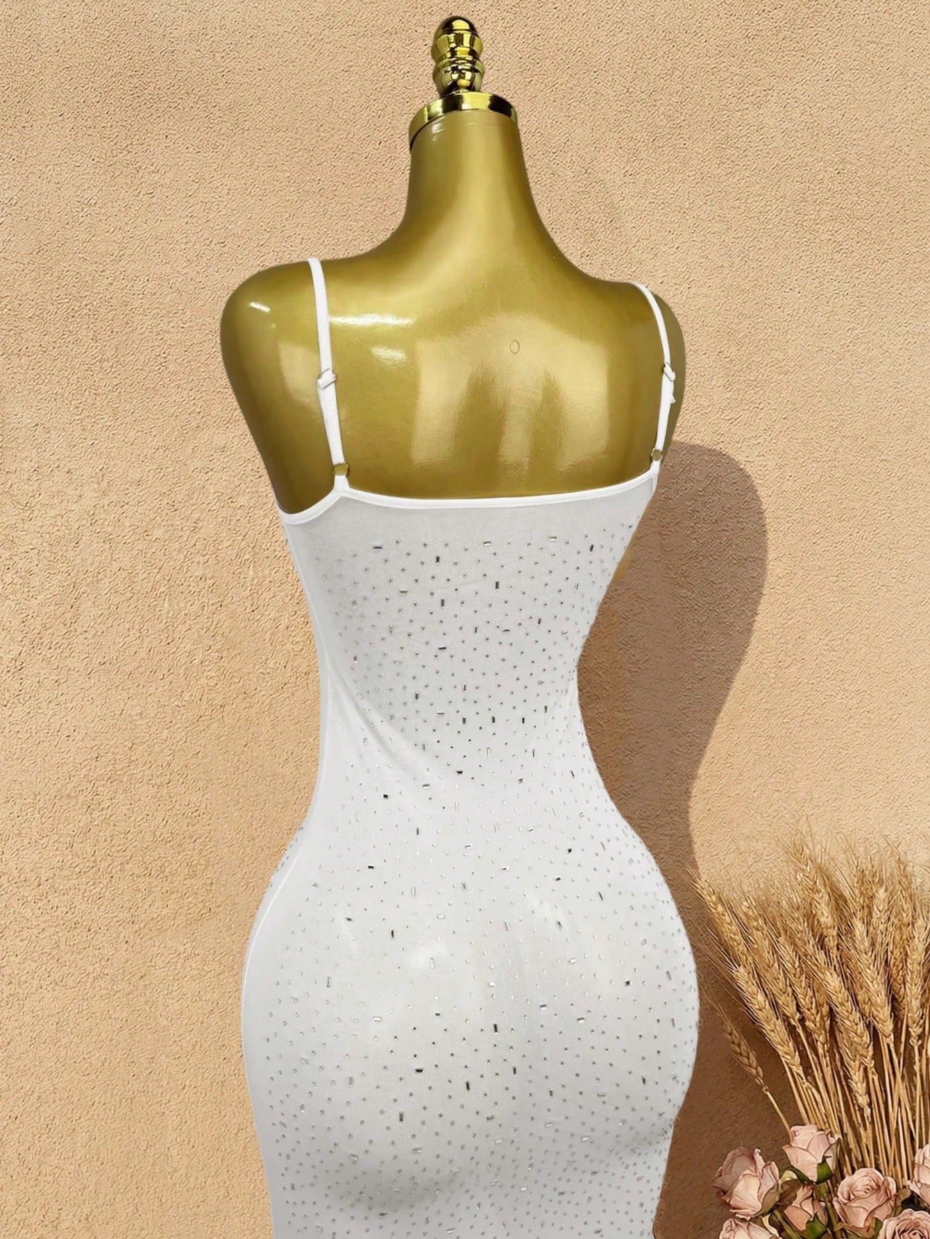 Women's White Sheer Mesh Rhinestone Bodycon Maxi Dress with Spaghetti Straps