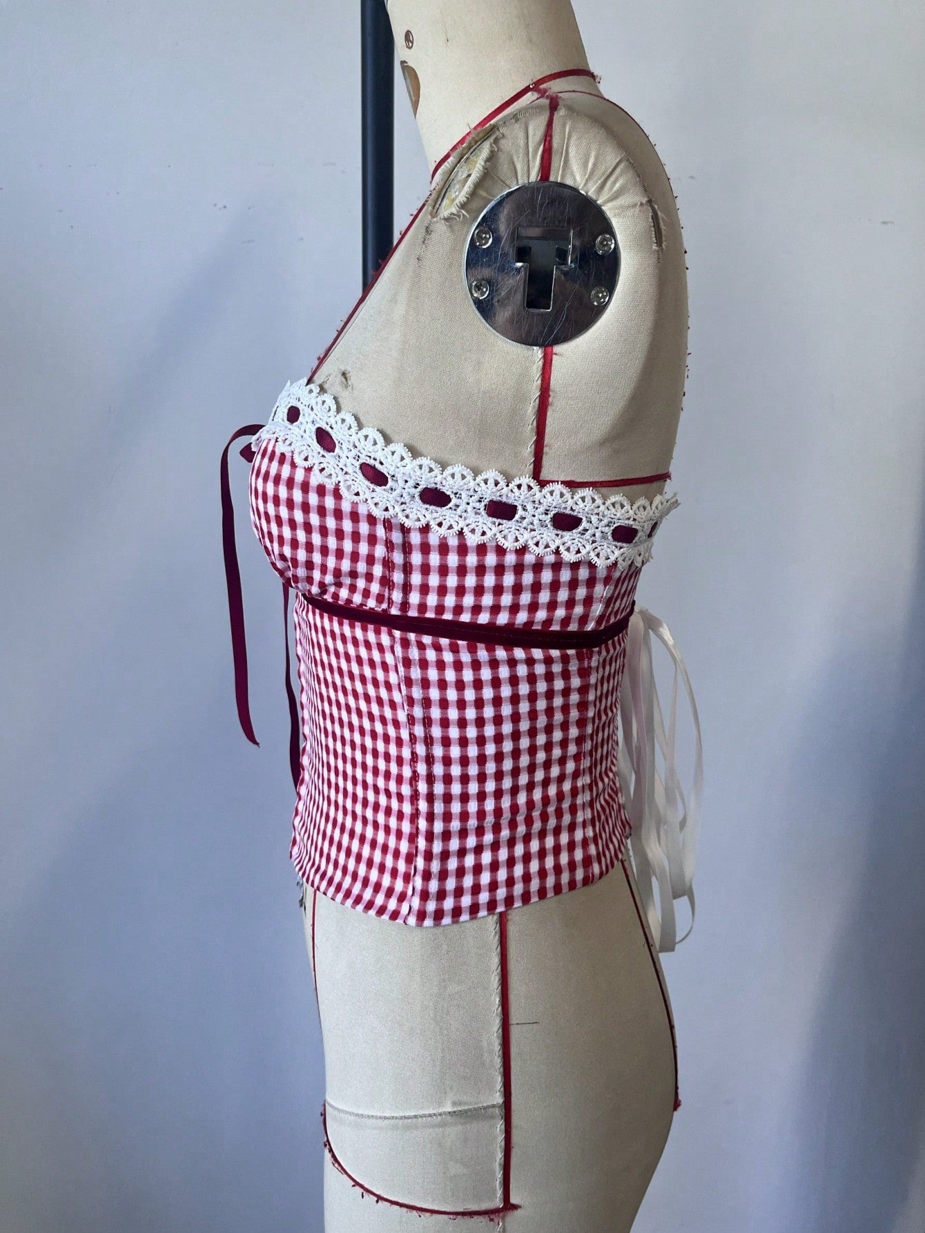 Women's Festive Red and White Gingham Corset Top with Lace Trim