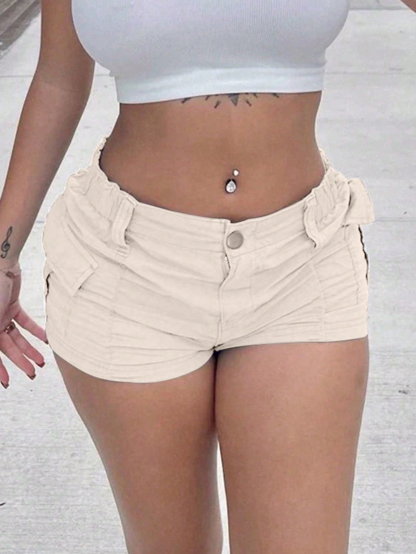 Women's Beige Low Rise Ruched Cargo Micro Shorts