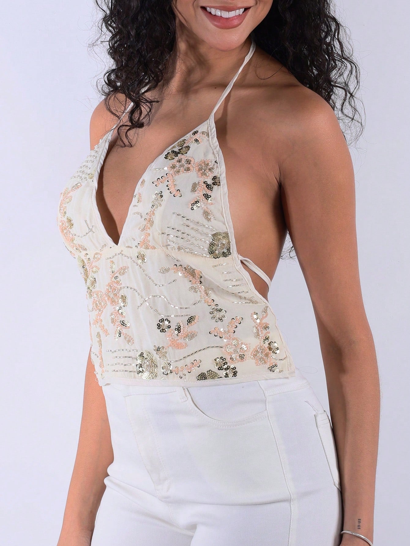 Women's Floral Print Halter Neck Deep V-Neck Top - Sleeveless Casual Summer Blouse