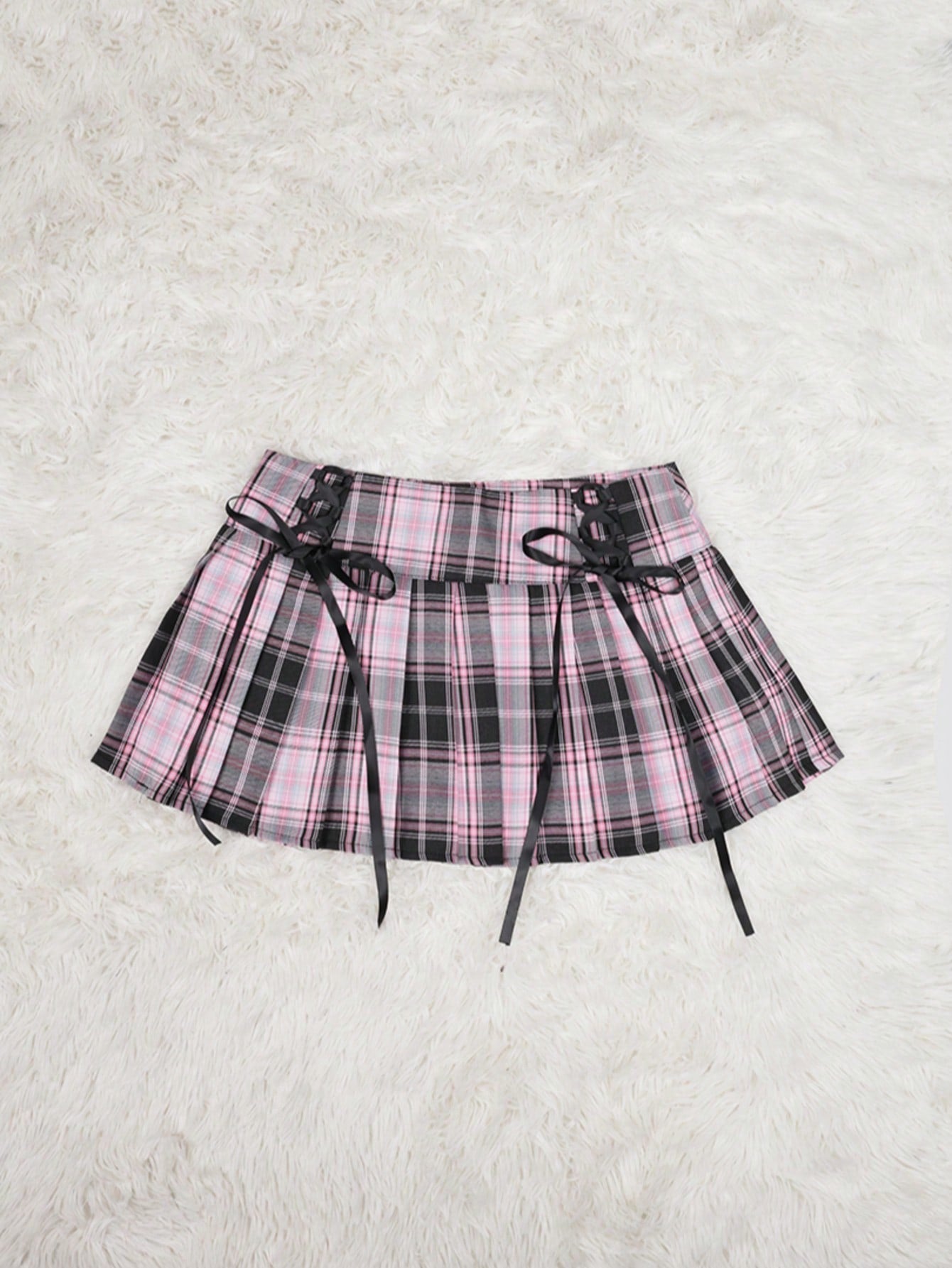 Women's Women Pink Plaid Pleated Mini Skirt with Ribbon Detail Lolita Style