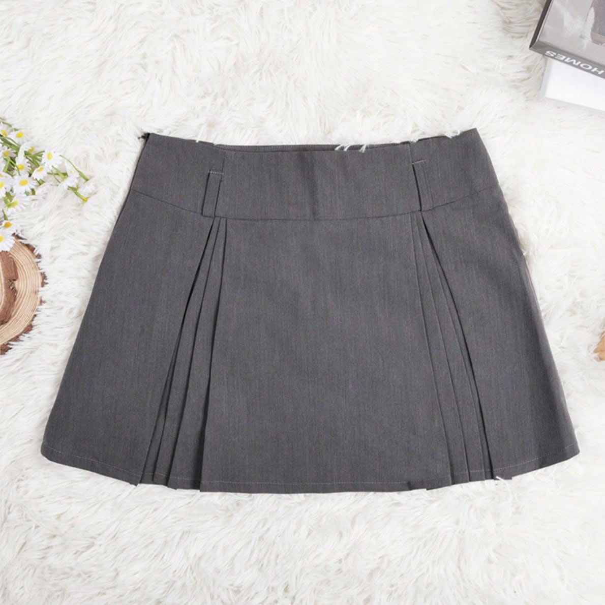 Women's Grey Pleated Mini Skirt Low Waist Preppy Style