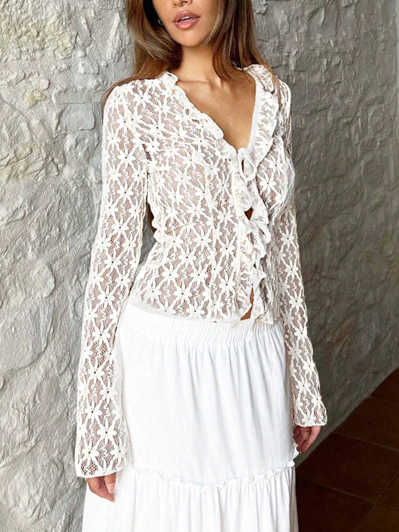 Women's Women Sexy White Lace Tie Front Cardigan Long Sleeve Flare Top